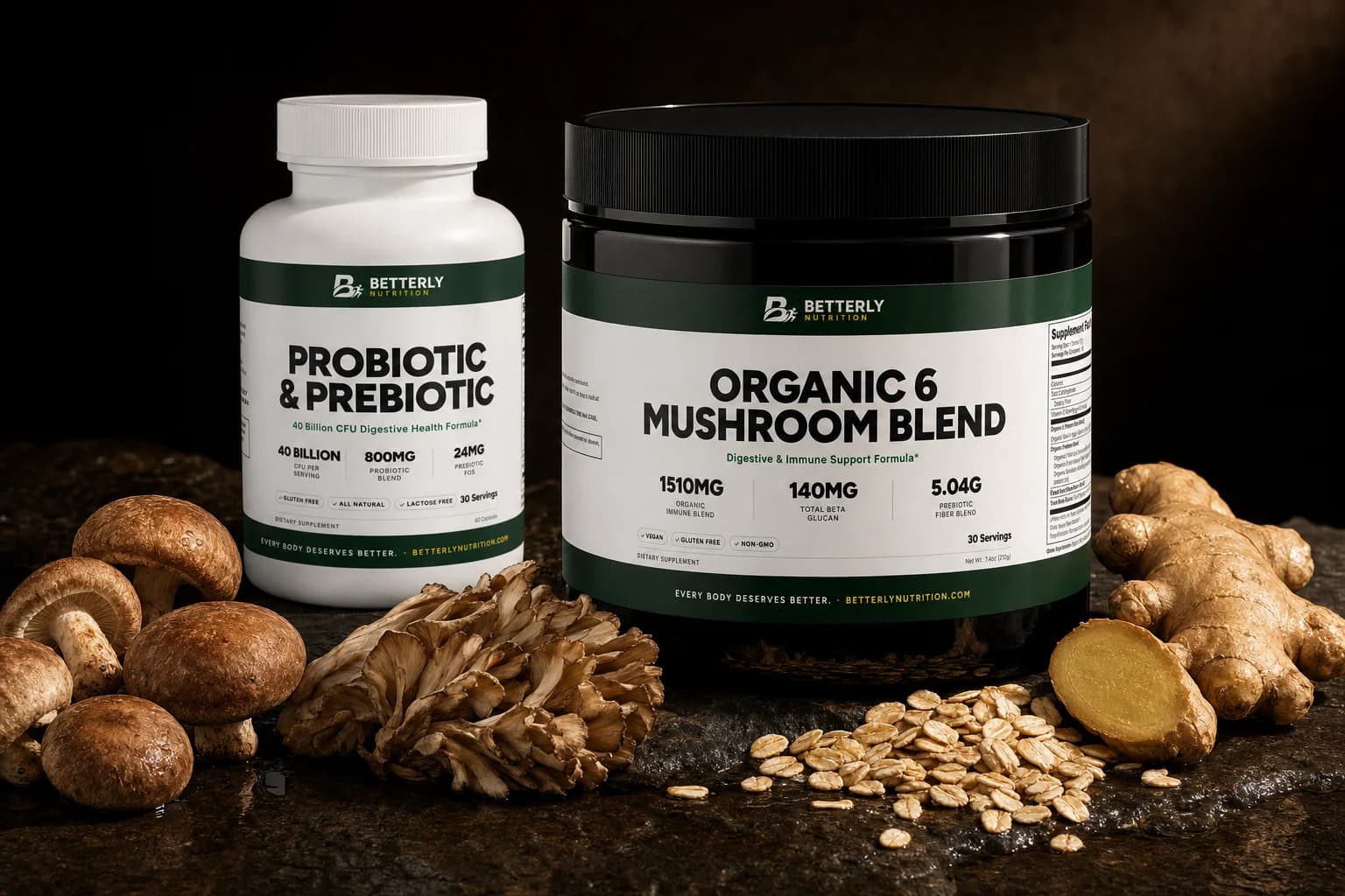 Probiotic & Prebiotic capsule bottle beside the Organic 6 Mushroom Blend tub on dark stone with shiitake, maitake, rolled oats and ginger