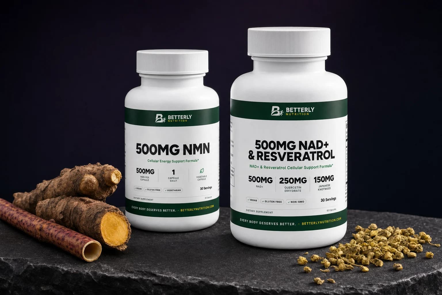 500mg NMN and 500mg NAD+ & Resveratrol bottles on dark slate, knotweed roots and a speckled stem at left, dried pagoda tree buds at right