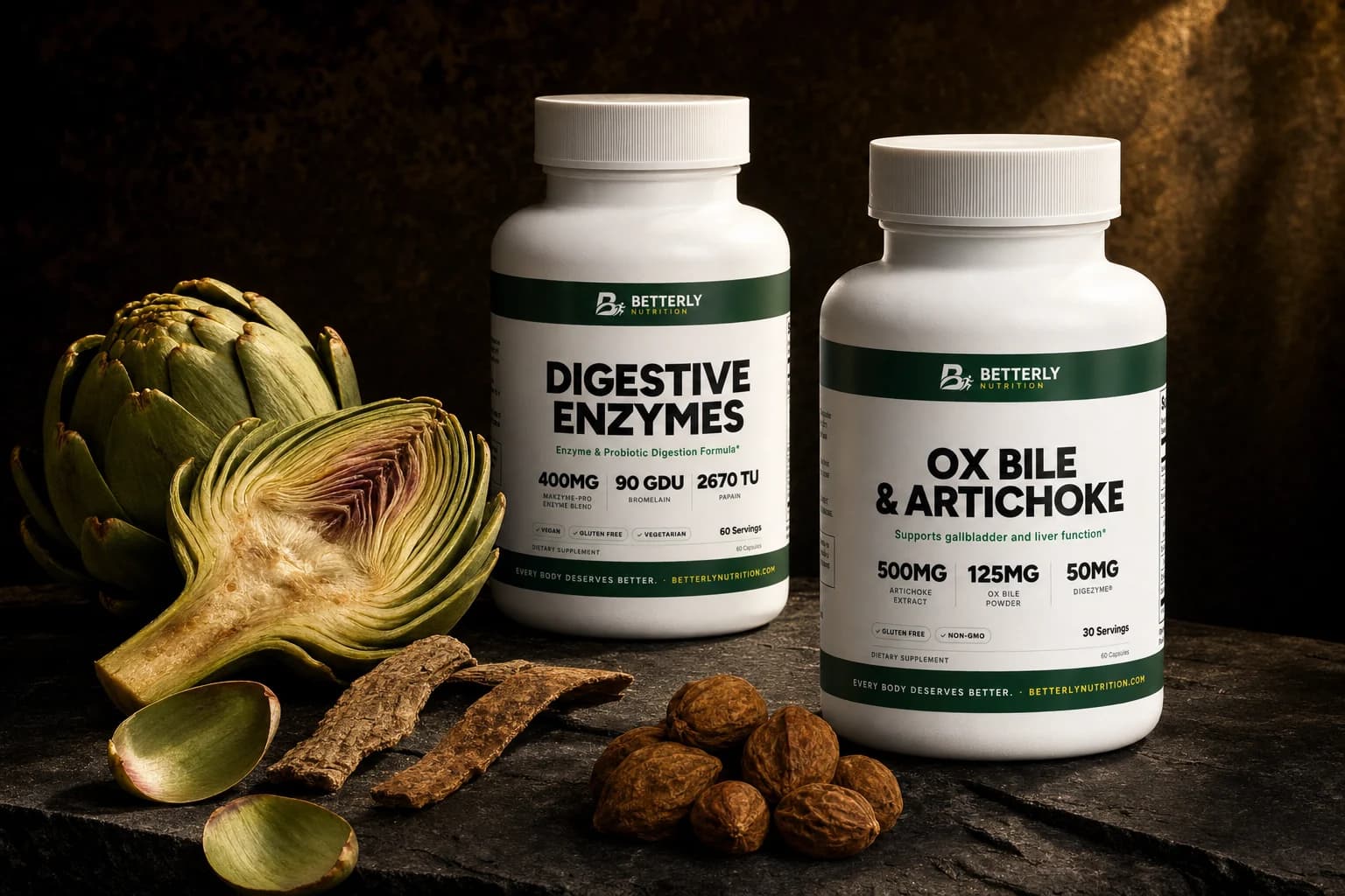 Ox Bile & Artichoke bottle beside a Digestive Enzymes bottle on dark stone, with a halved artichoke, bark strips and dried haritaki fruit