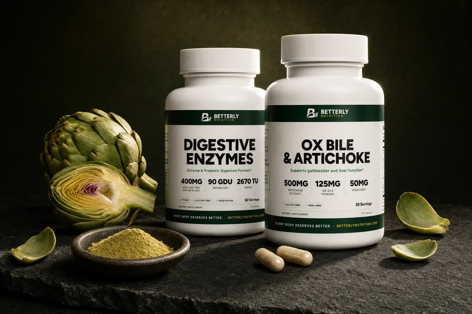 Ox Bile & Artichoke and Digestive Enzymes bottles on dark stone beside a whole and halved artichoke, a dish of green powder and two capsules