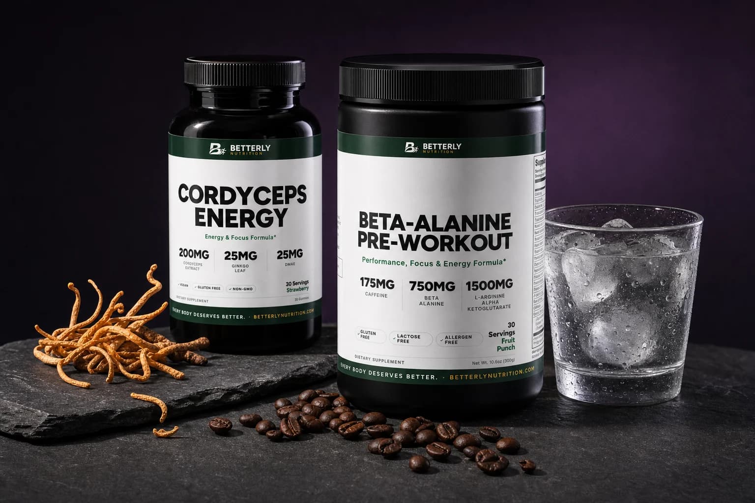 Cordyceps Energy gummy bottle and Beta-Alanine Pre-Workout tub on dark slate with dried cordyceps, coffee beans and a glass of iced water