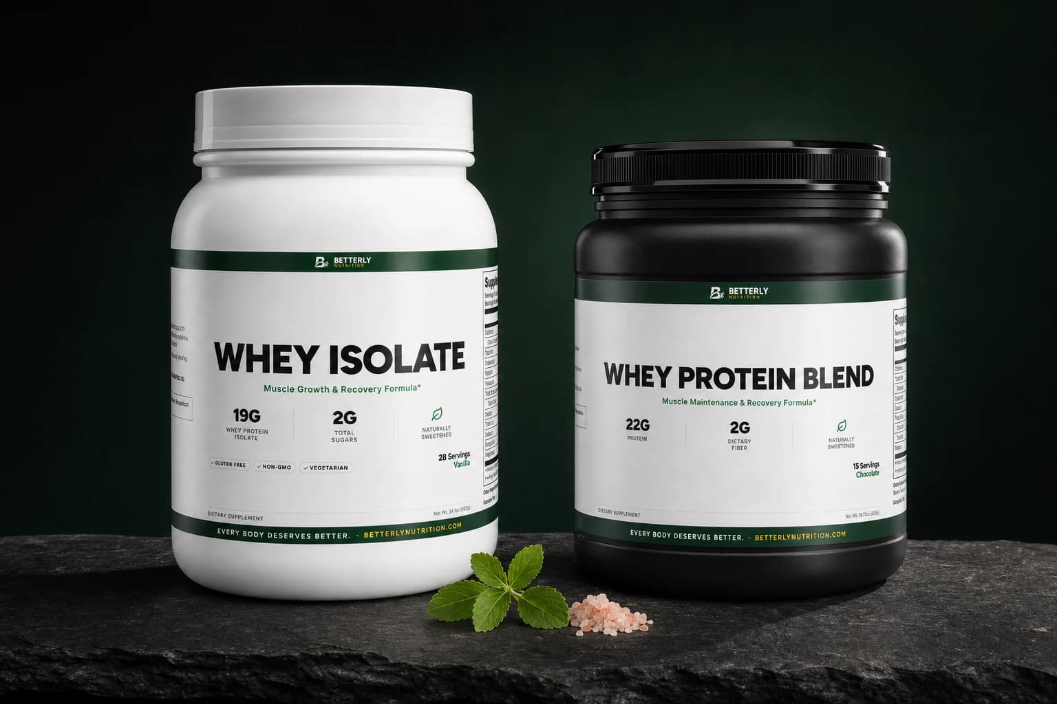 White Whey Isolate Vanilla and black Whey Protein Blend Chocolate tubs on dark slate with a stevia sprig and pink salt crystals