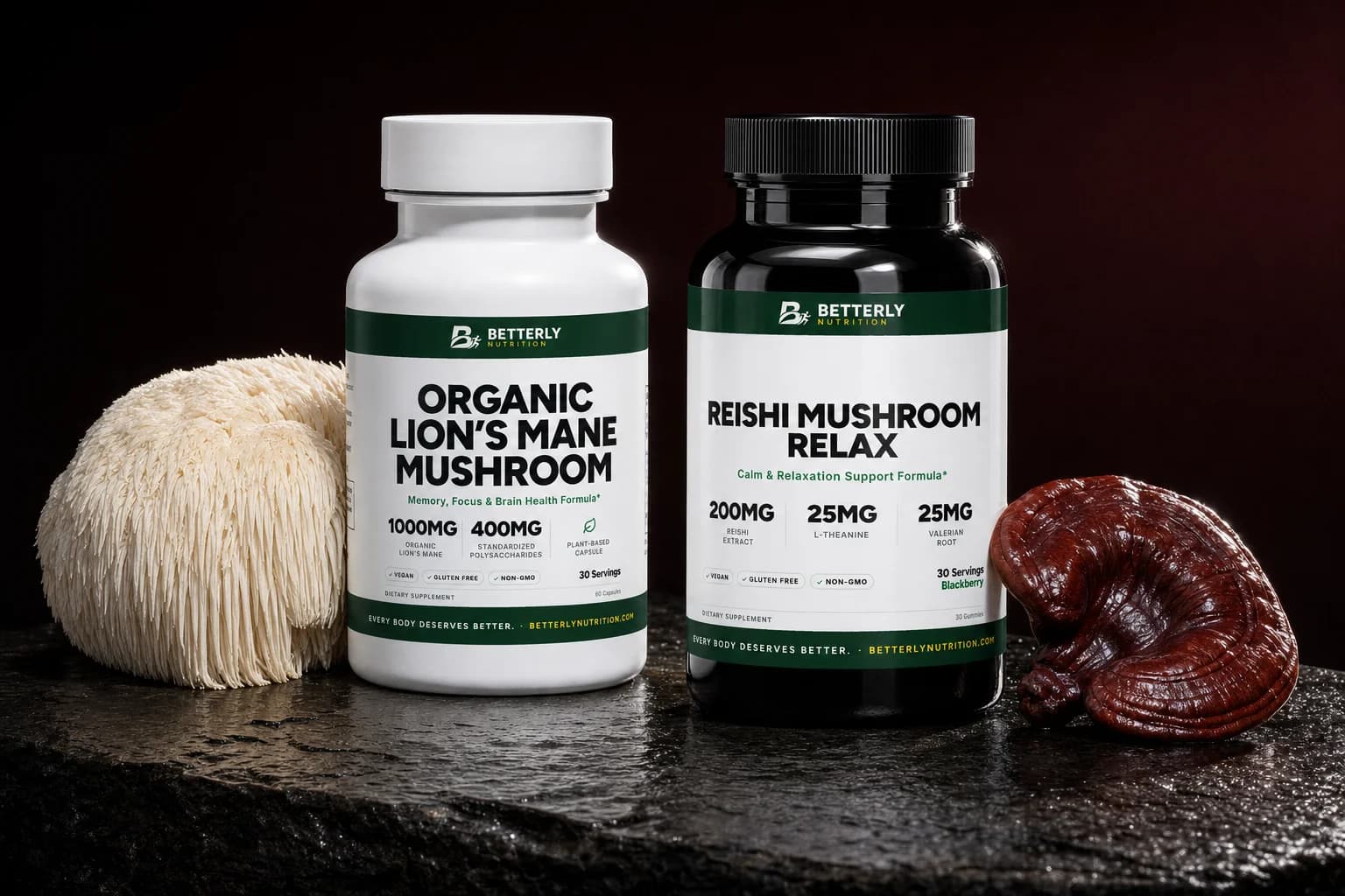 Organic Lion’s Mane Mushroom Capsules and Reishi Mushroom Relax Gummies on wet dark slate between a shaggy lion’s mane and a glossy reishi