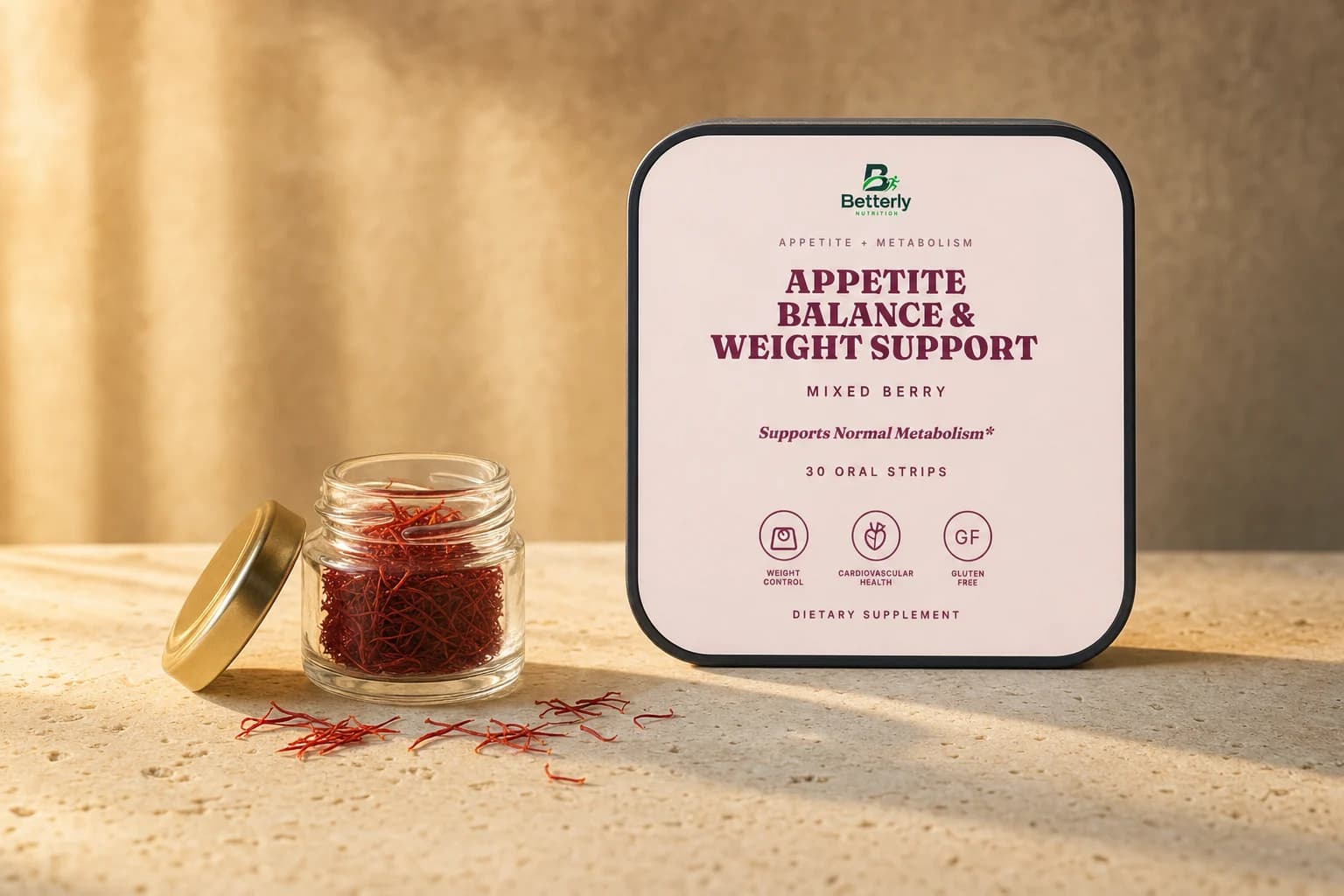 Betterly Saffron & Chromium Appetite Strips pack beside a small jar of saffron threads on travertine