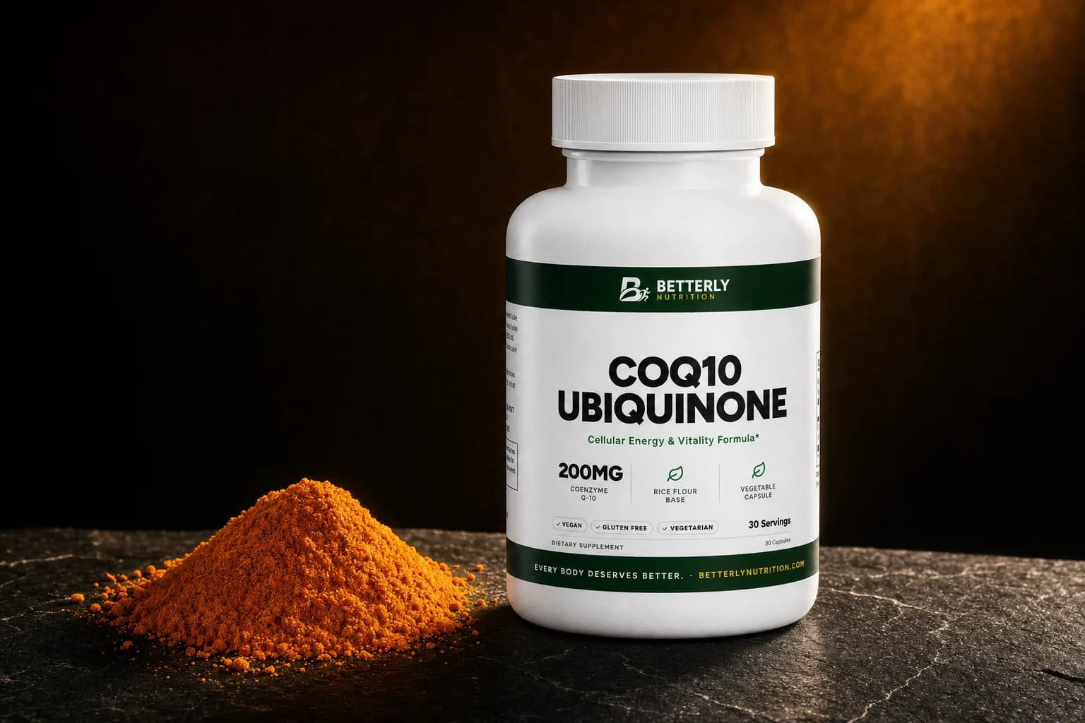 CoQ10 Ubiquinone Capsules bottle on dark veined stone beside a mound of orange powder, with a warm amber glow behind