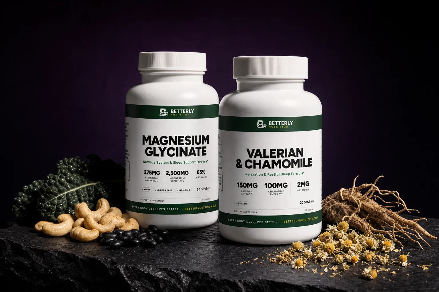Magnesium Glycinate and Valerian & Chamomile Sleep Capsules on dark stone with kale, cashews, black beans, chamomile and valerian root