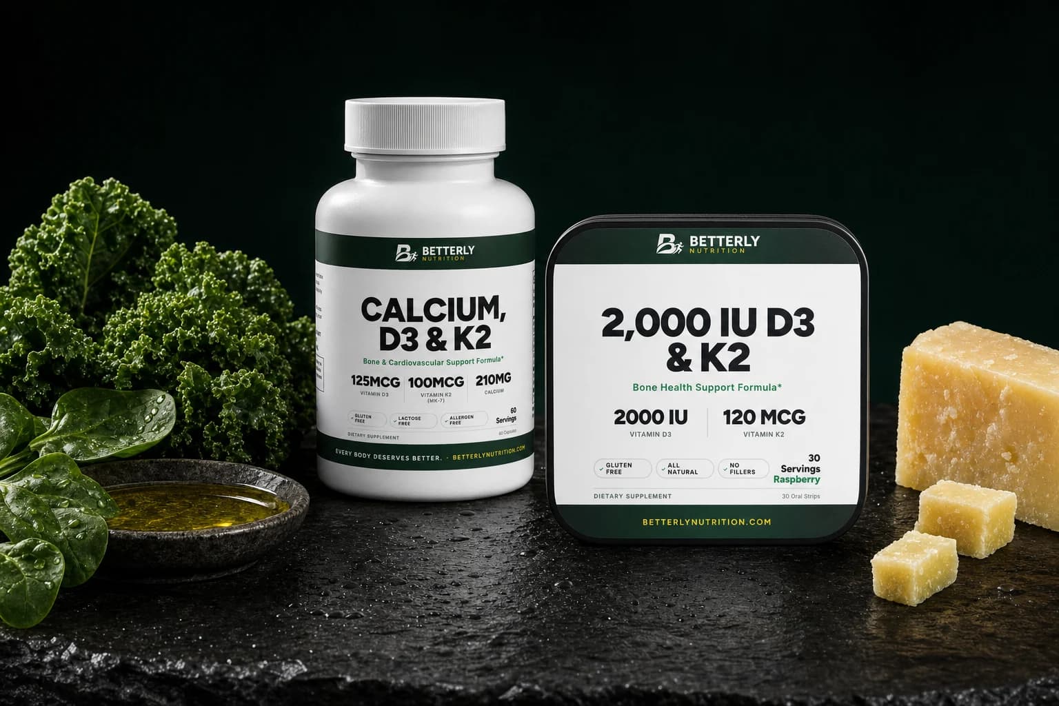 Calcium, D3 & K2 bottle and 2,000 IU D3 & K2 strips tin on dark wet slate between kale, spinach, olive oil and aged cheese cubes