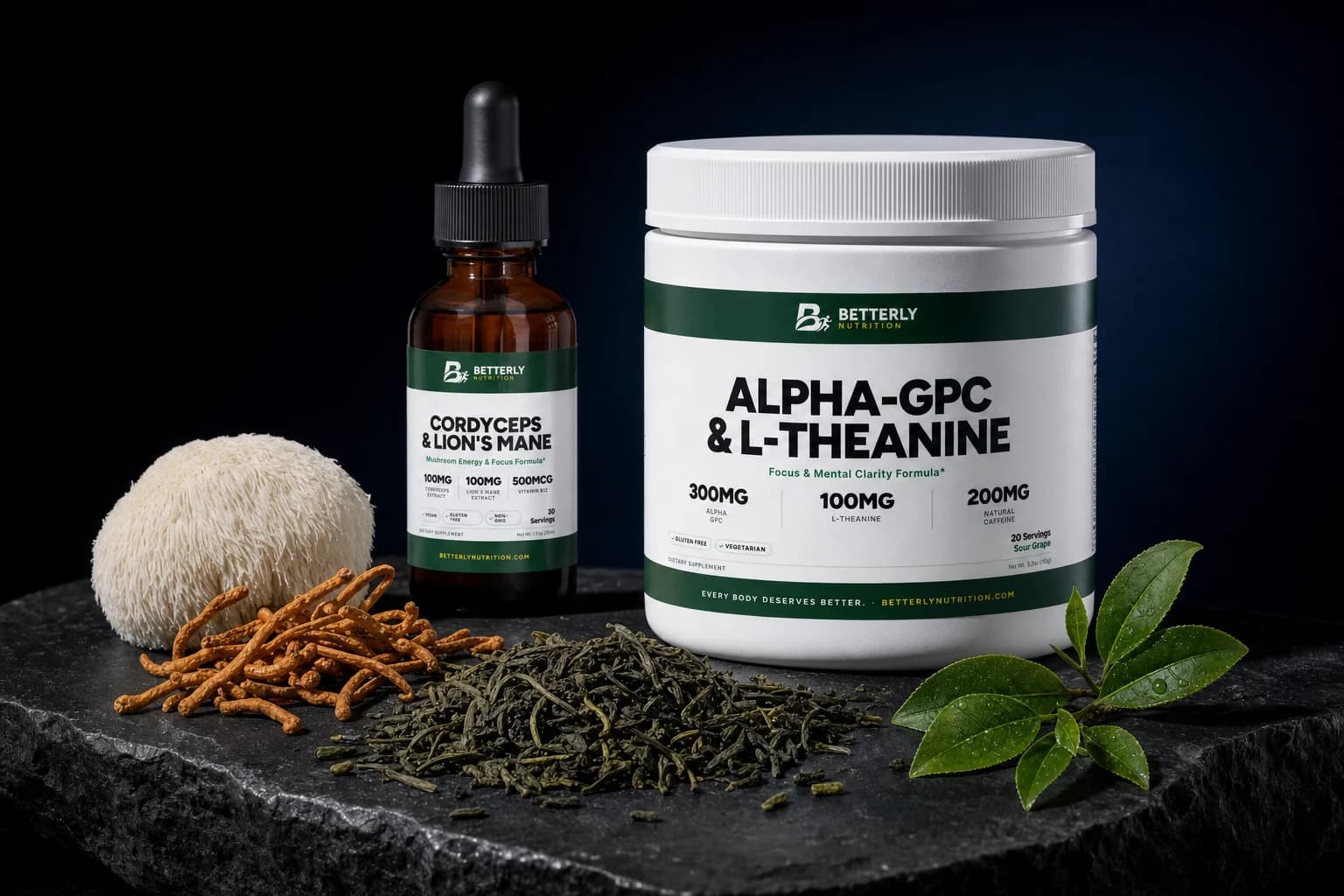 Alpha-GPC & L-Theanine Focus Powder tub and Cordyceps & Lion's Mane Energy Drops on dark stone with loose tea, cordyceps and a lion's mane