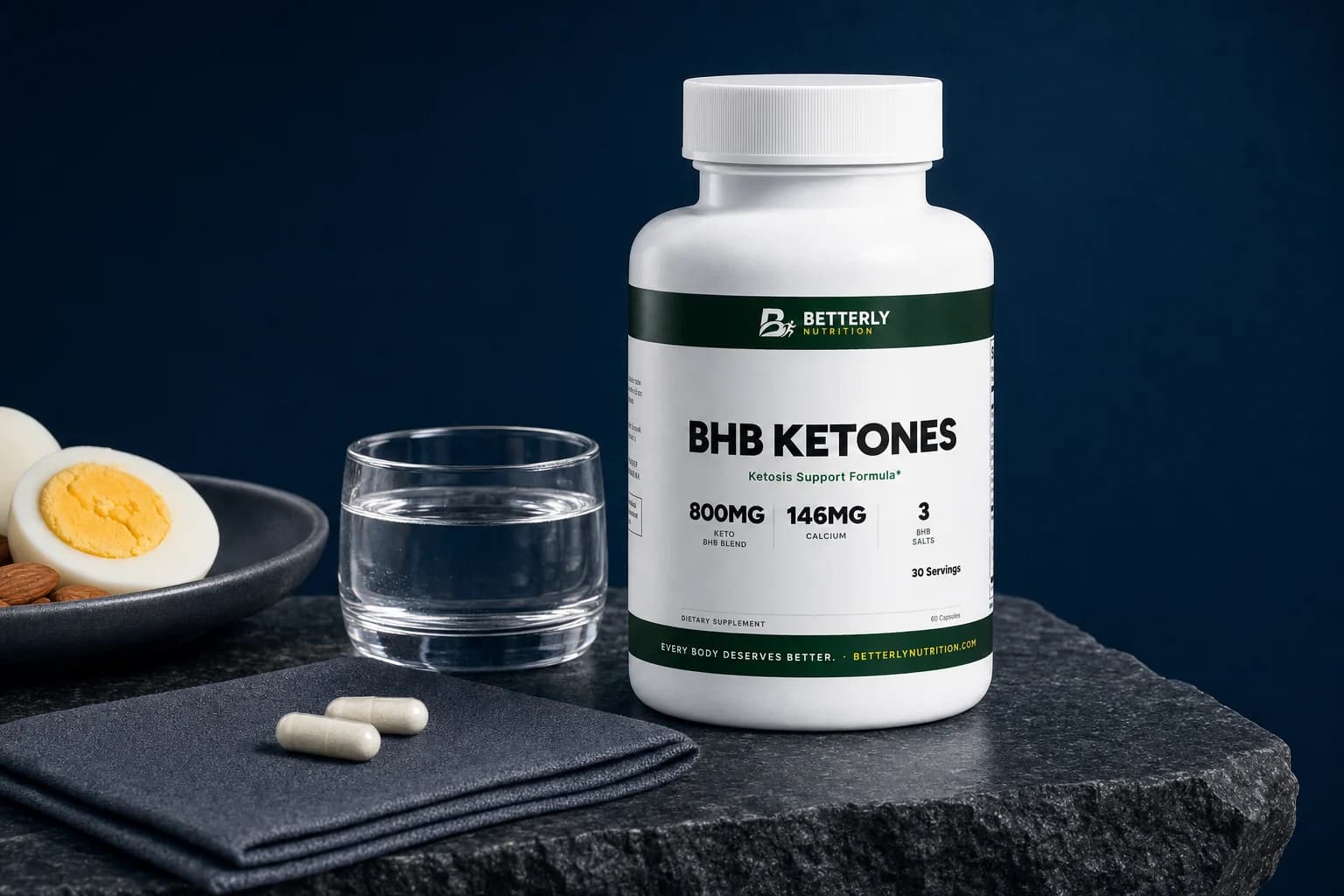 BHB Ketones bottle on dark granite beside a short glass of water, two capsules on a grey napkin, and boiled egg halves with almonds