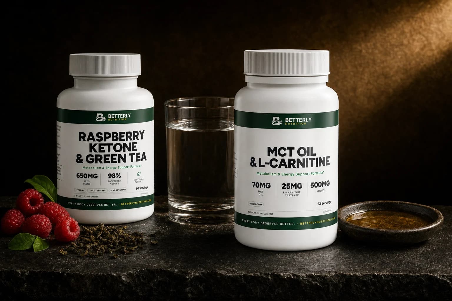Raspberry Ketone & Green Tea and MCT Oil & L-Carnitine bottles on dark stone with a glass of water, raspberries, tea and a dish of oil