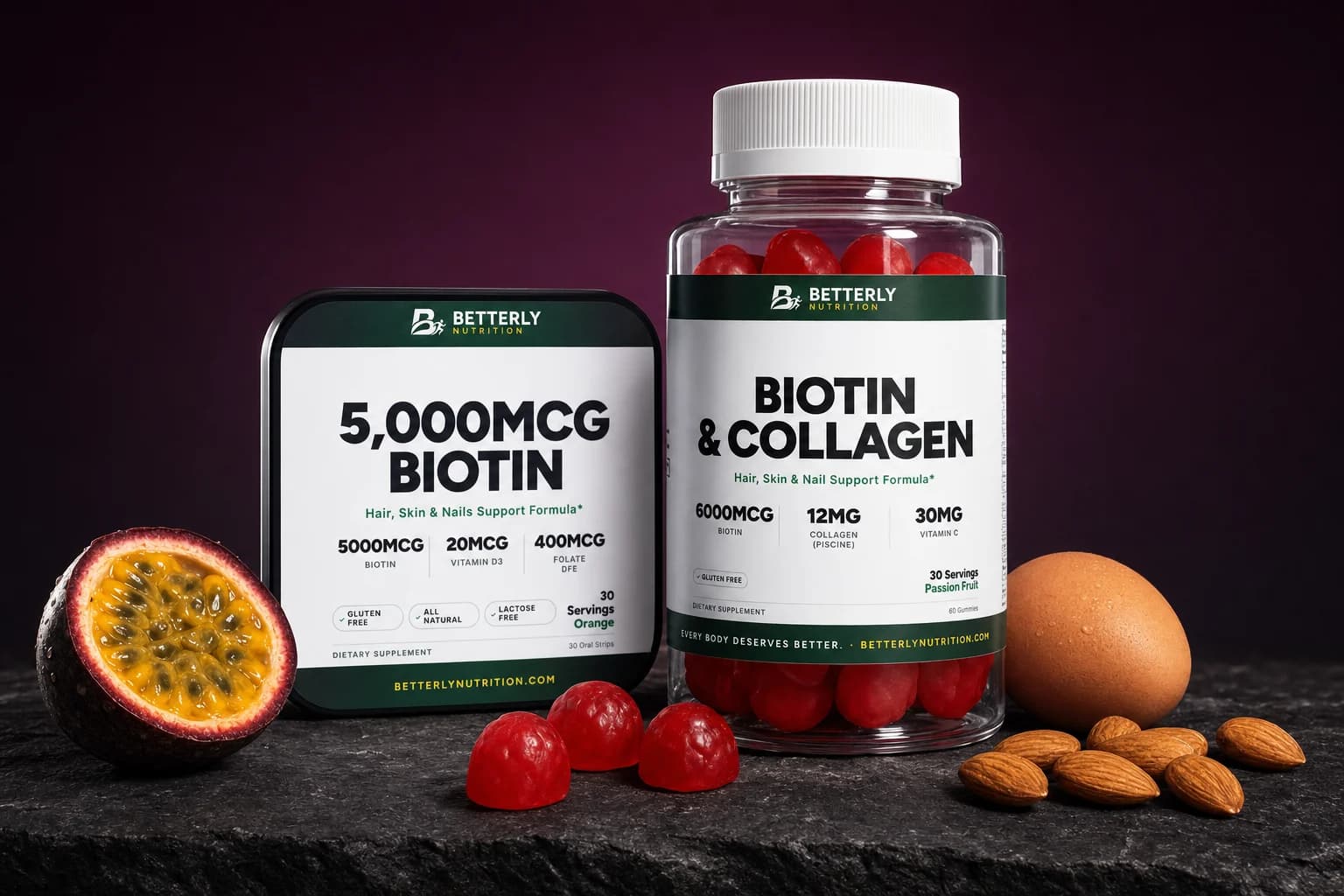 Biotin & Collagen Gummies jar beside a 5,000mcg Biotin Strips tin on dark stone with half a passion fruit, three gummies, an egg and almonds