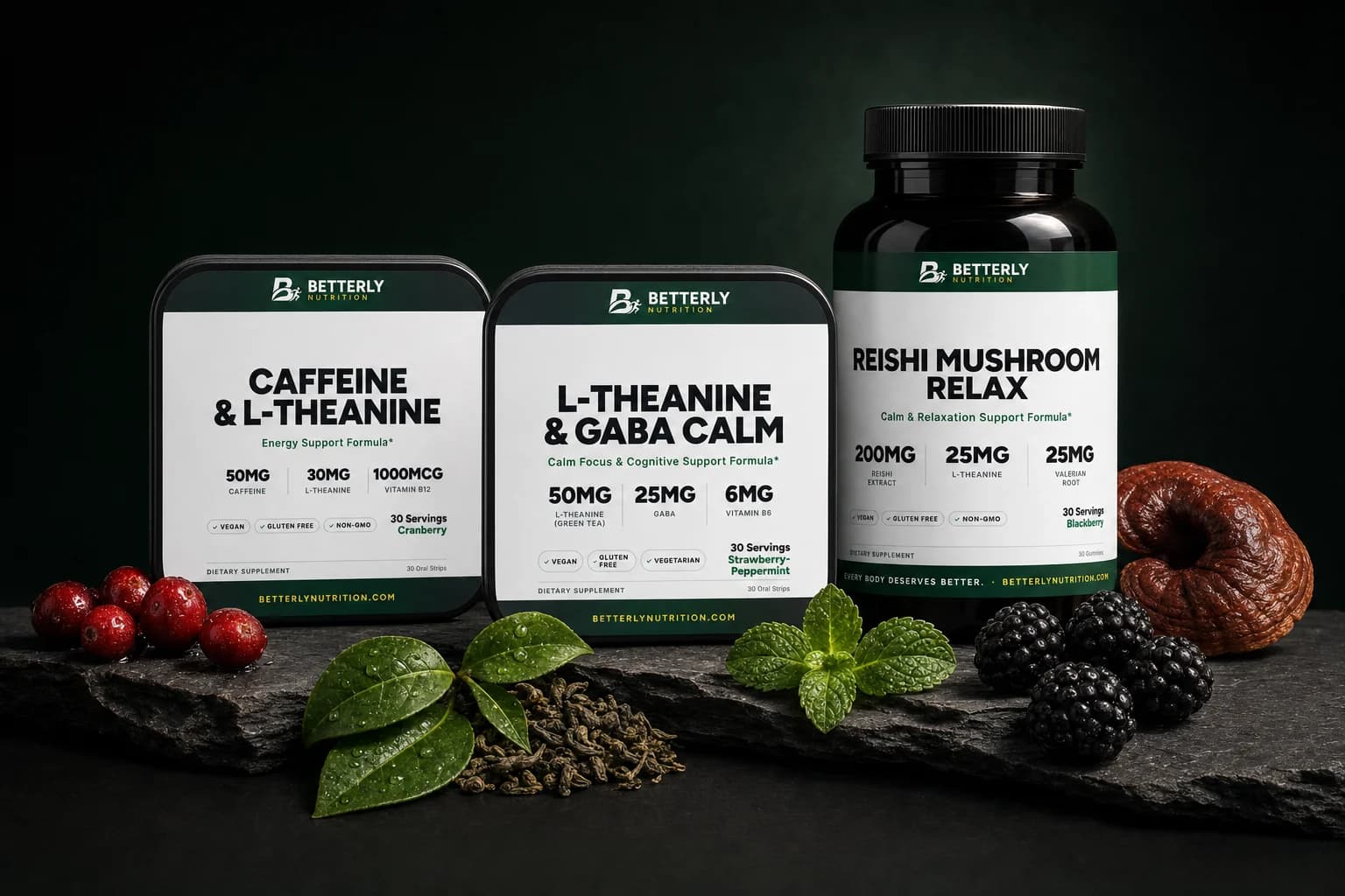 Caffeine & L-Theanine and L-Theanine & GABA Calm strip tins with a Reishi Mushroom Relax bottle on slate among tea leaves, mint and berries