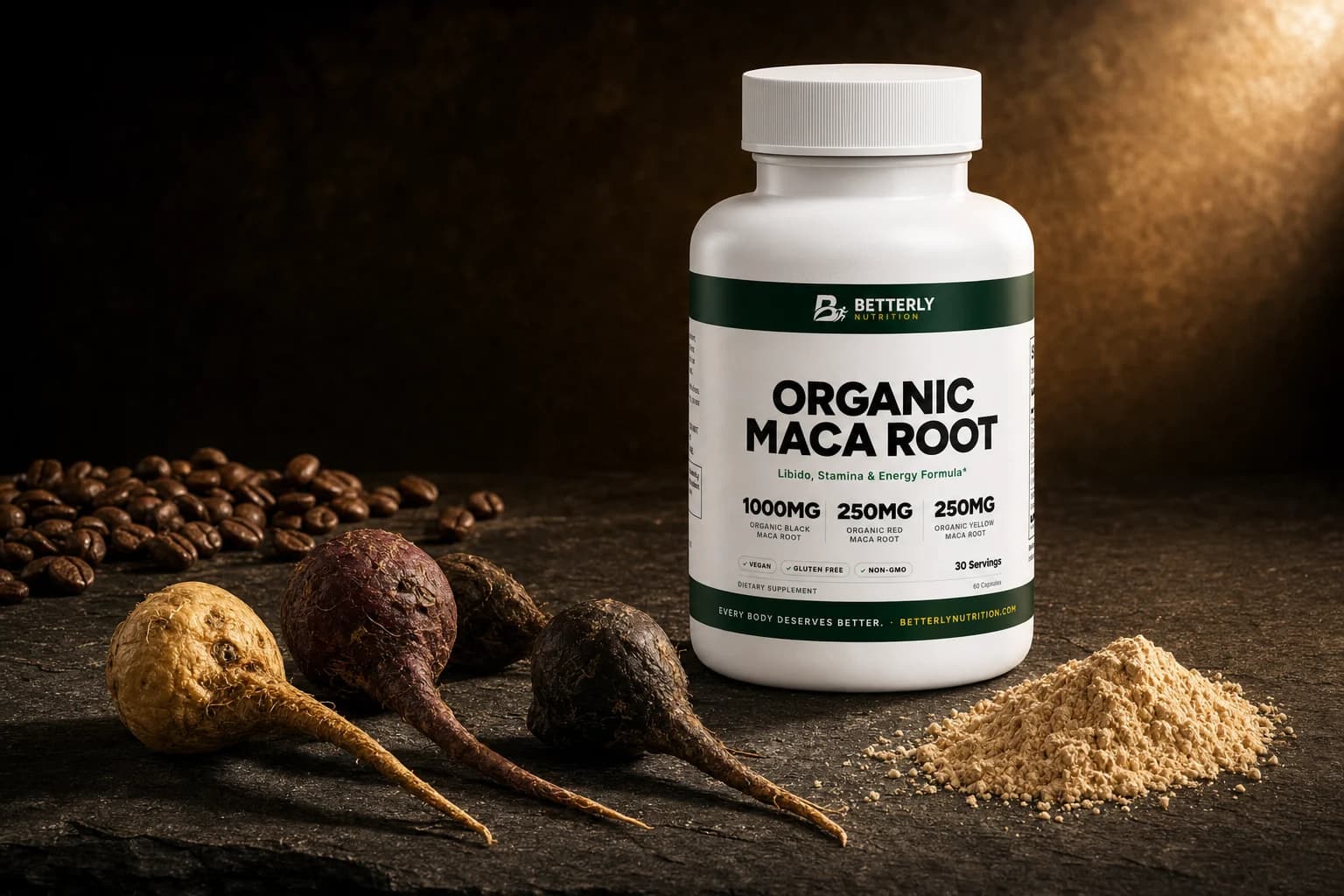 Organic Maca Root bottle on dark slate with cream, purple and black maca roots, coffee beans and maca powder in warm amber light