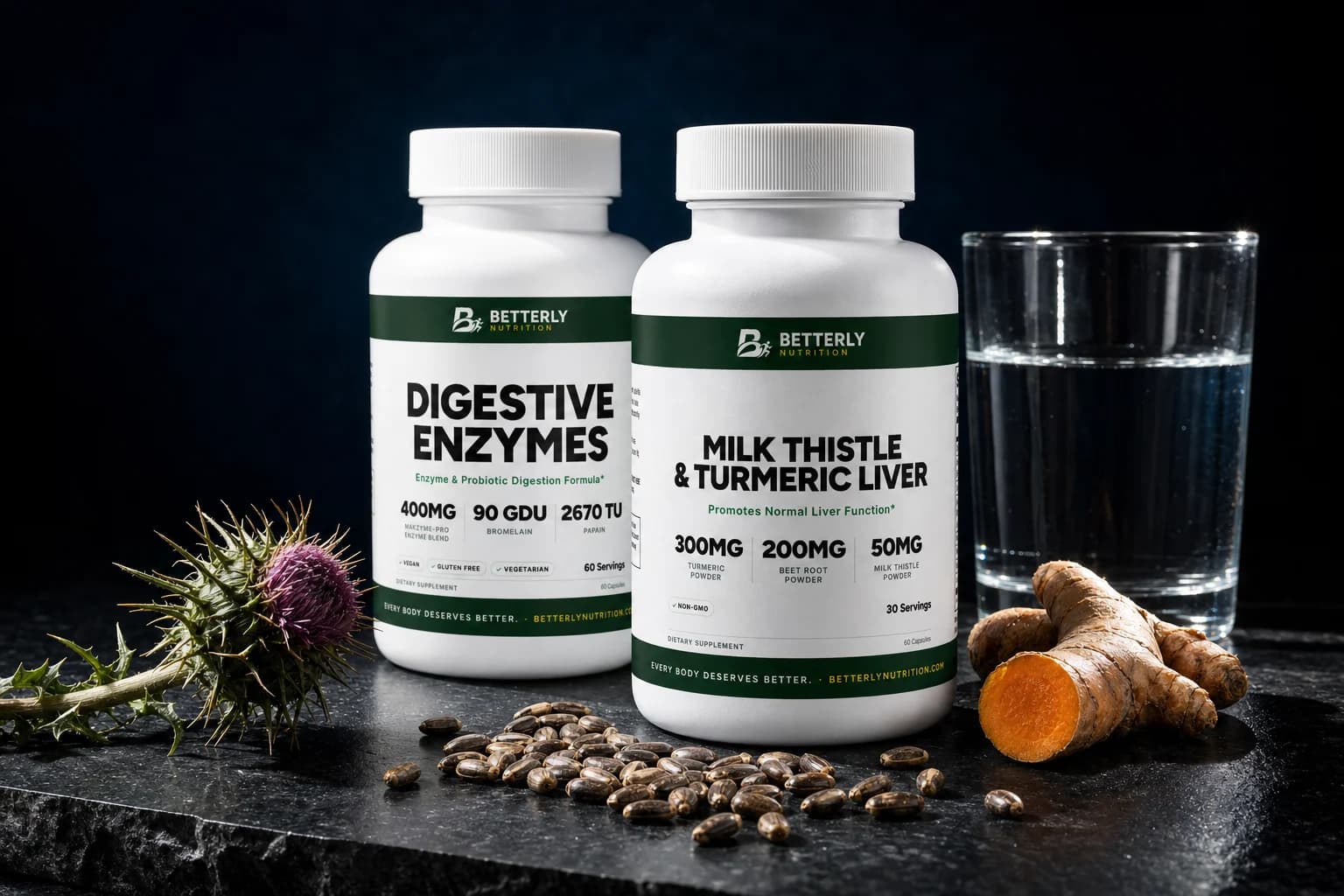 Digestive Enzymes and Milk Thistle & Turmeric Liver bottles on dark granite with a thistle flower, seeds, cut turmeric and water glass