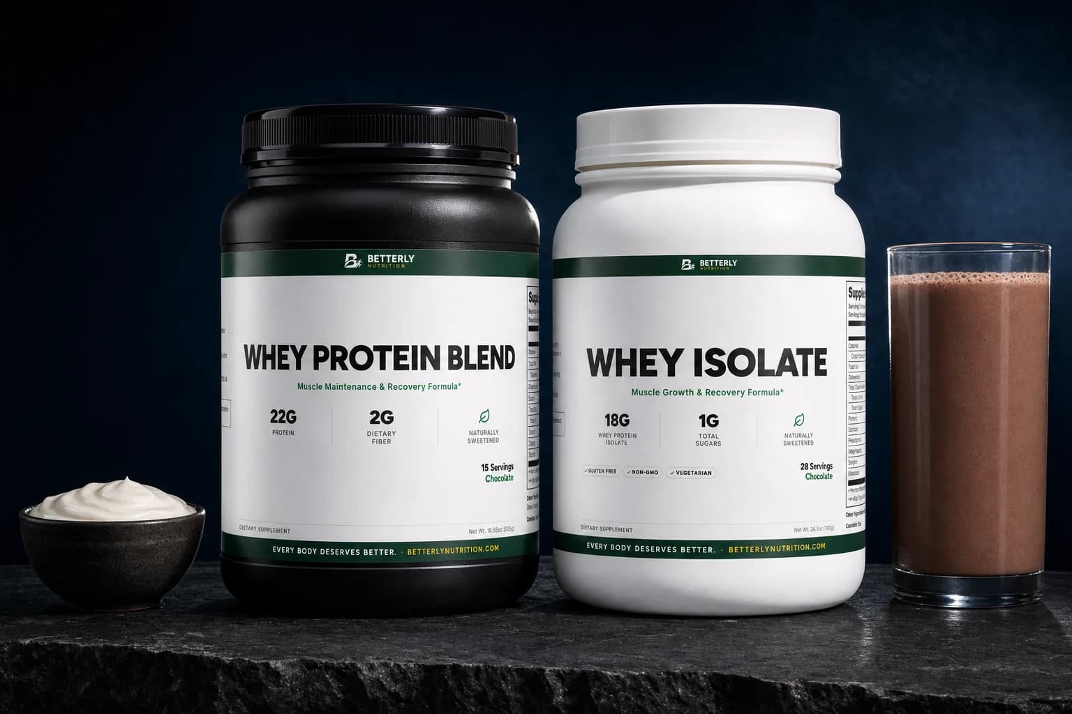 Black Whey Protein Blend and white Whey Isolate chocolate tubs on dark slate, a bowl of Greek yogurt left and a chocolate shake right