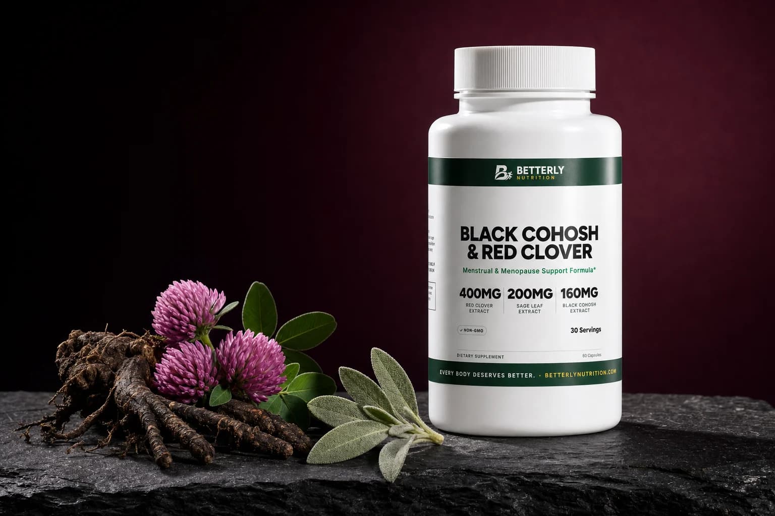 Black Cohosh & Red Clover capsule bottle on dark slate beside a gnarled black cohosh root, three red clover blossoms and a sage sprig