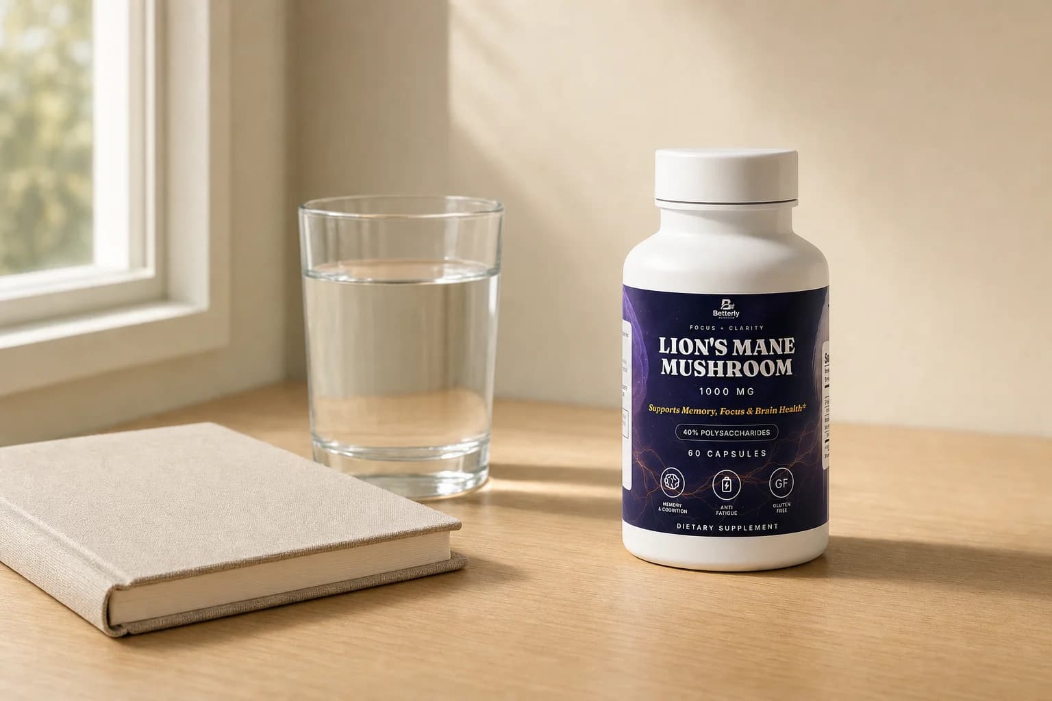 Betterly Lion's Mane Mushroom capsules bottle on a pale oak desk beside a notebook and glass of water