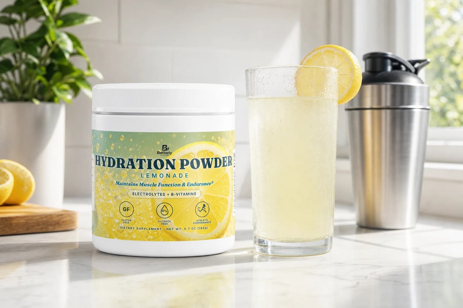 Hydration Powder (Lemonade) tub on a bright kitchen counter beside a tall glass of lemon electrolyte water and a steel shaker
