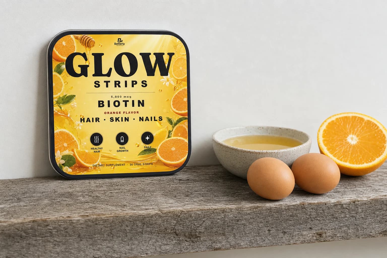 Hair, Skin and Nails Strips tin on barnwood ledge beside broth bowl, eggs and orange
