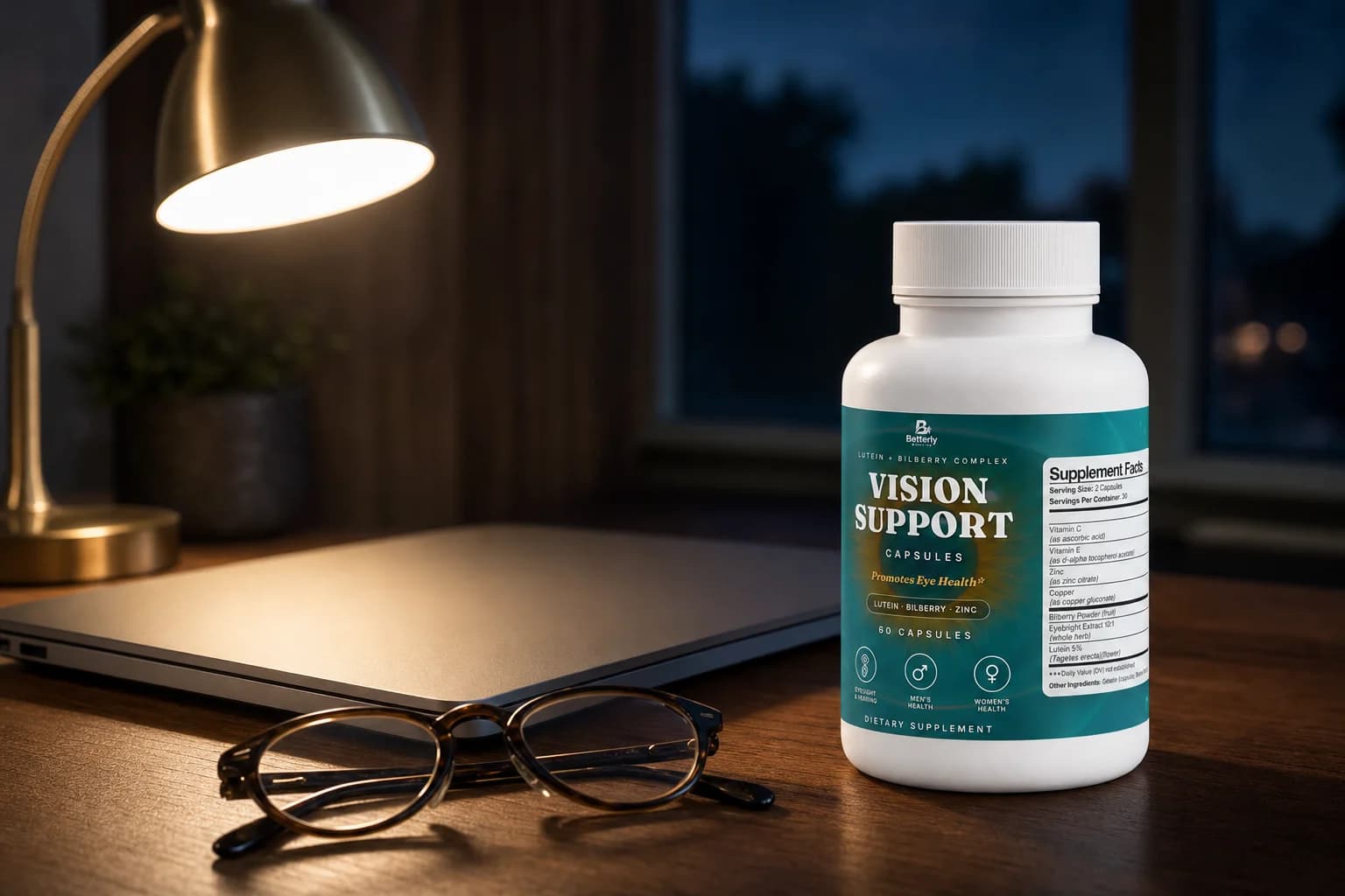 Betterly Vision Support bottle on a walnut desk beside a closed laptop and folded reading glasses