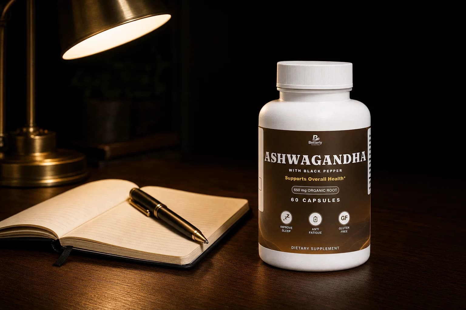 Betterly Ashwagandha capsules bottle on a walnut desk beside an open journal under warm lamp light