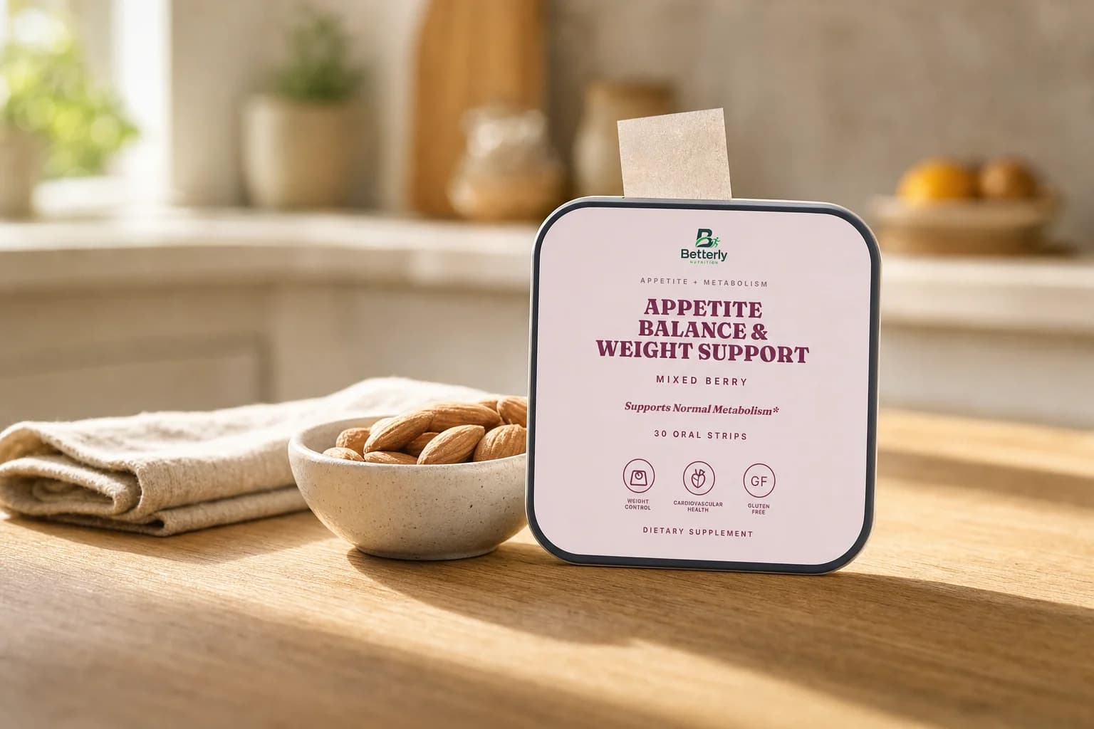 Betterly Appetite Balance & Weight Support Strips pack beside a bowl of almonds on an oak table