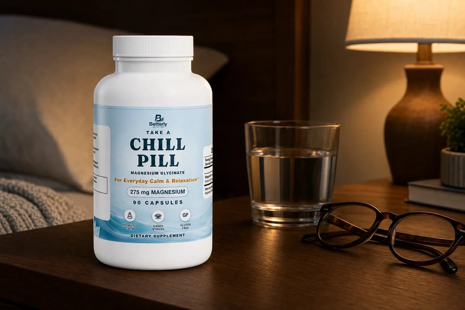 Magnesium Glycinate bottle on a walnut nightstand beside a glass of water and reading glasses, in low warm lamplight