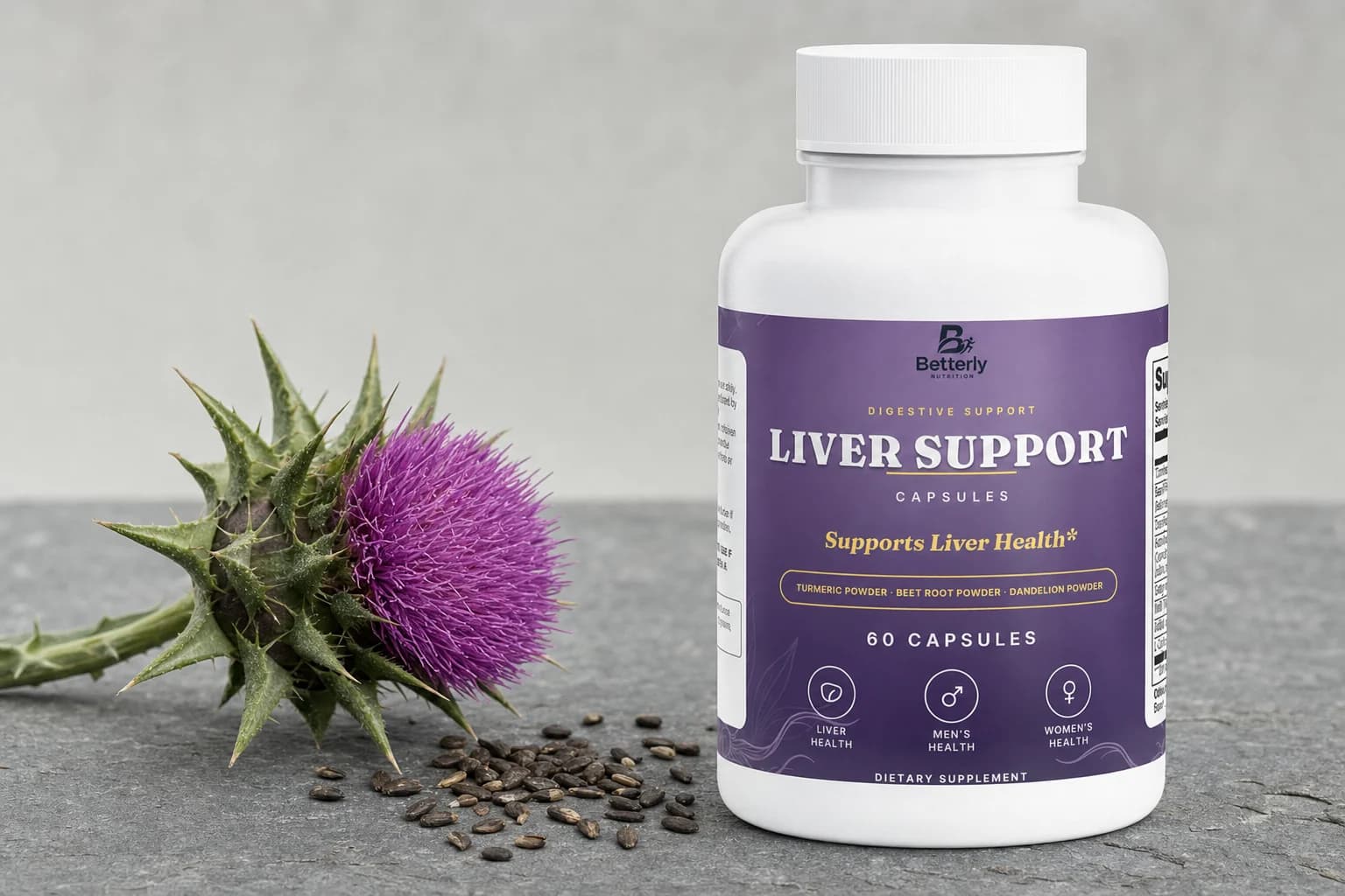 Betterly Liver Support bottle on weathered grey slate beside a purple milk thistle bloom and scattered seeds