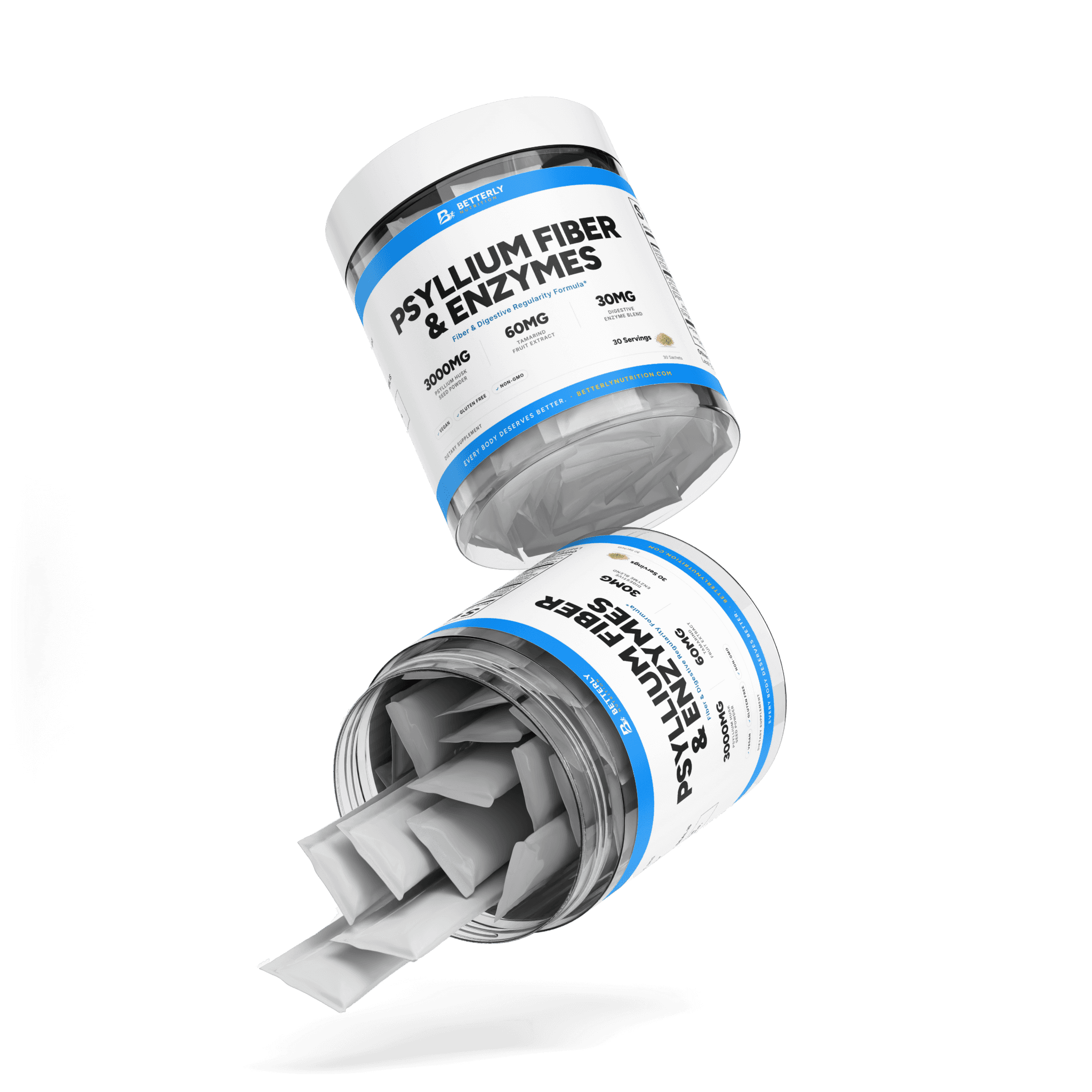 Psyllium Fiber & Digestive Enzyme Powder, stacked containers