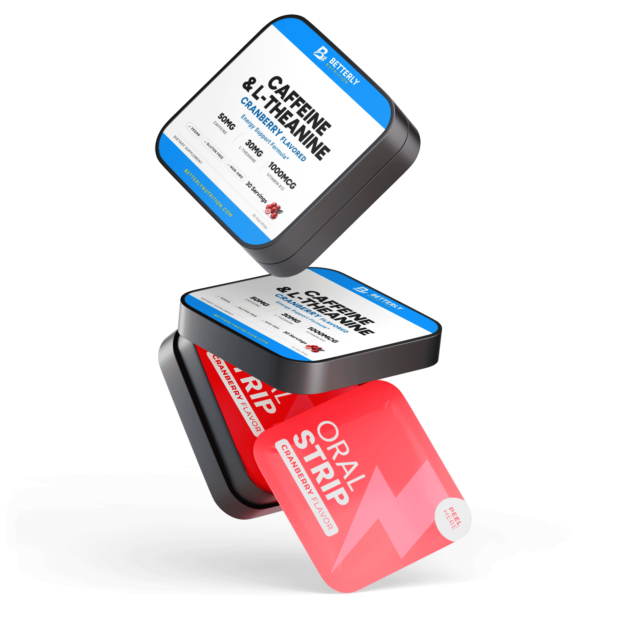 Caffeine & L-Theanine Energy Strips, stacked containers
