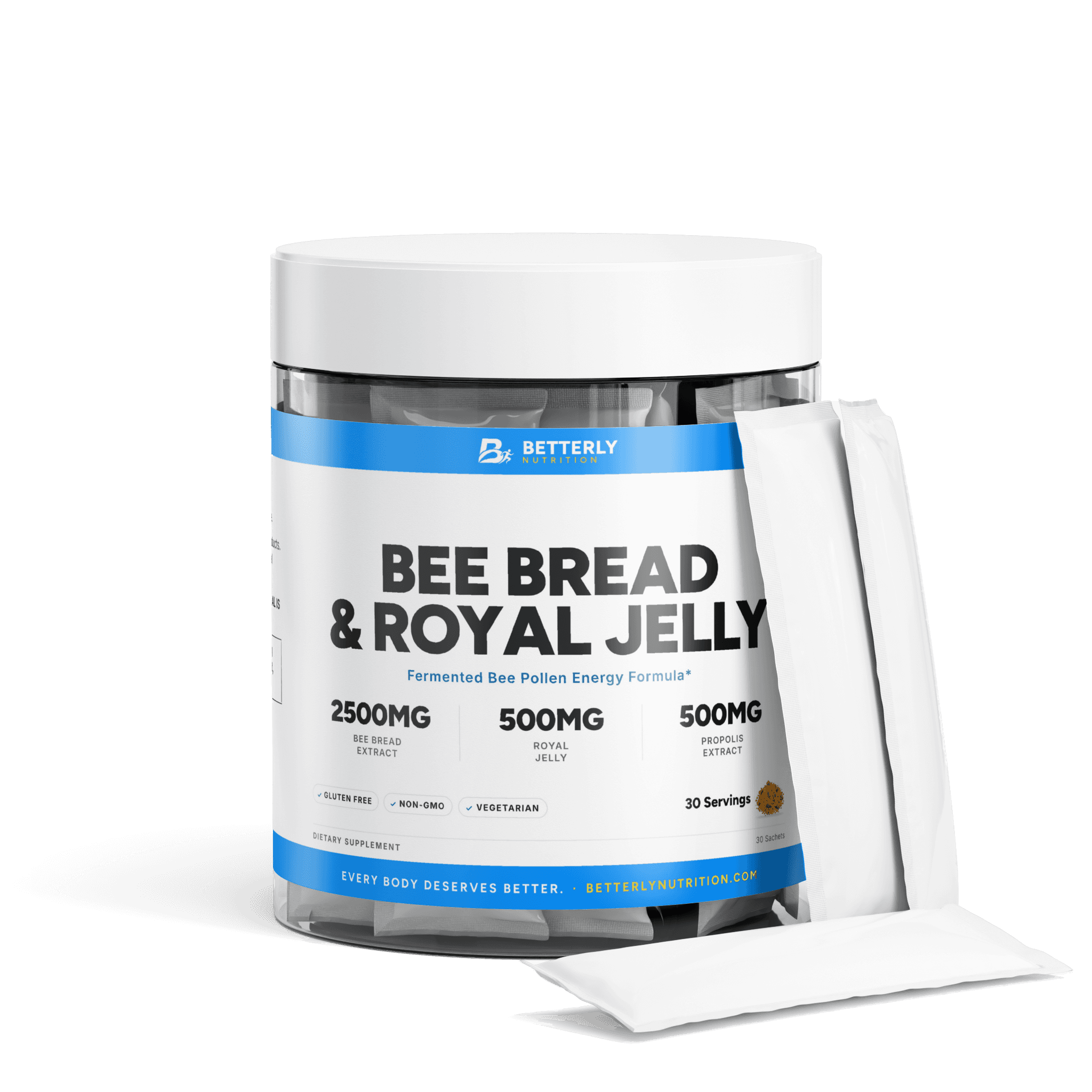 Bee Bread, Royal Jelly & Propolis Powder, front label with the contents beside it