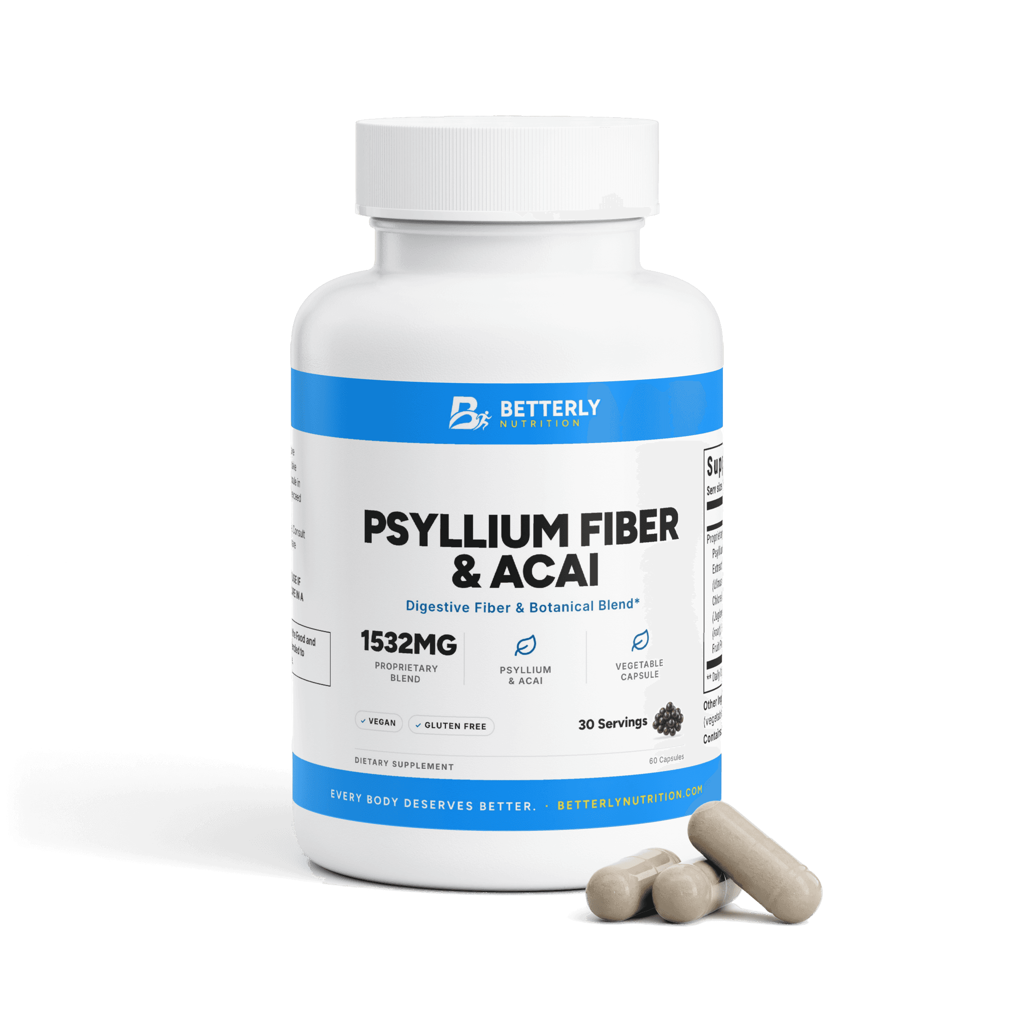 Psyllium Fiber & Acai Capsules, front label with the contents beside it