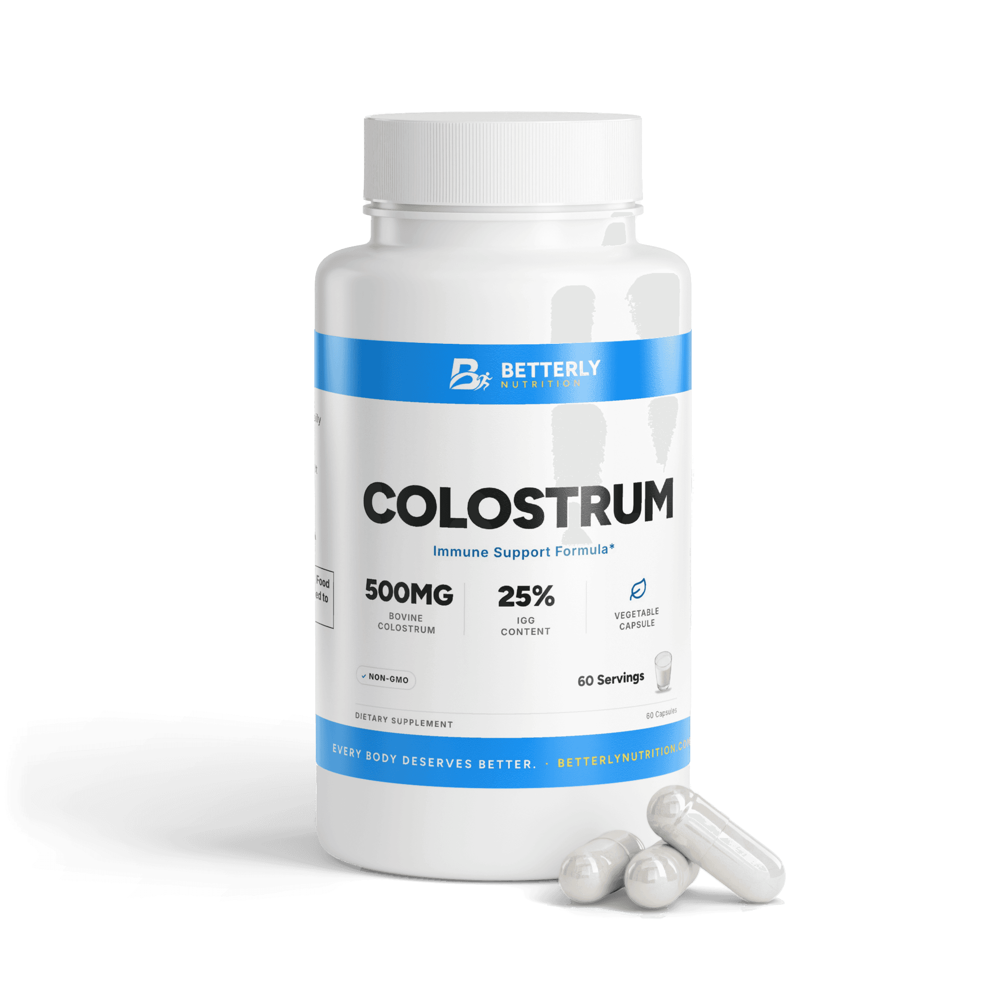 Colostrum Capsules, front label with the contents beside it