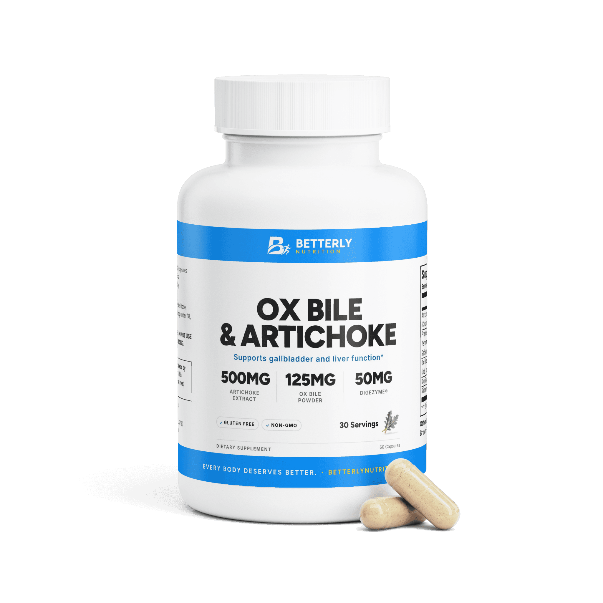 Ox Bile & Artichoke Capsules, front label with the contents beside it
