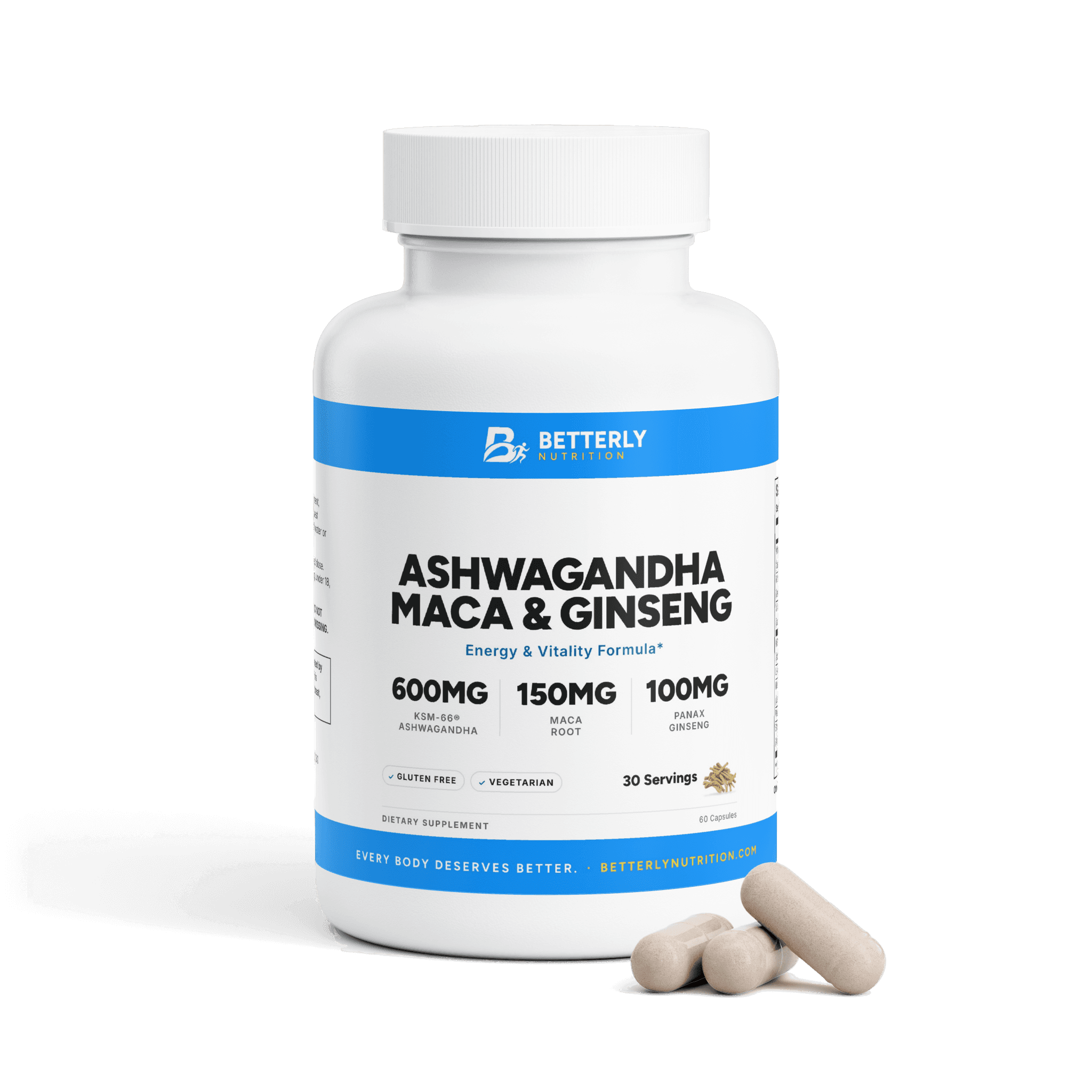 Ashwagandha, Maca & Ginseng Capsules, front label with the contents beside it