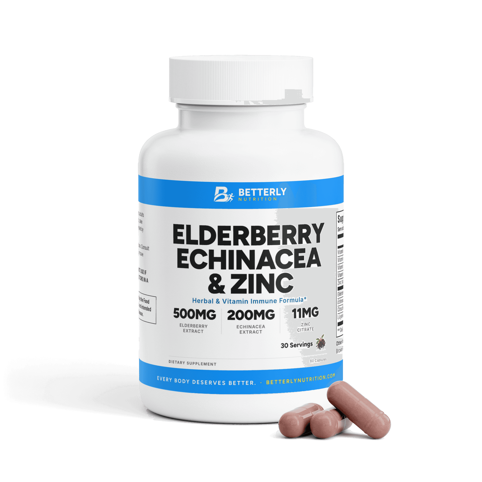 Elderberry, Echinacea & Zinc Capsules, front label with the contents beside it