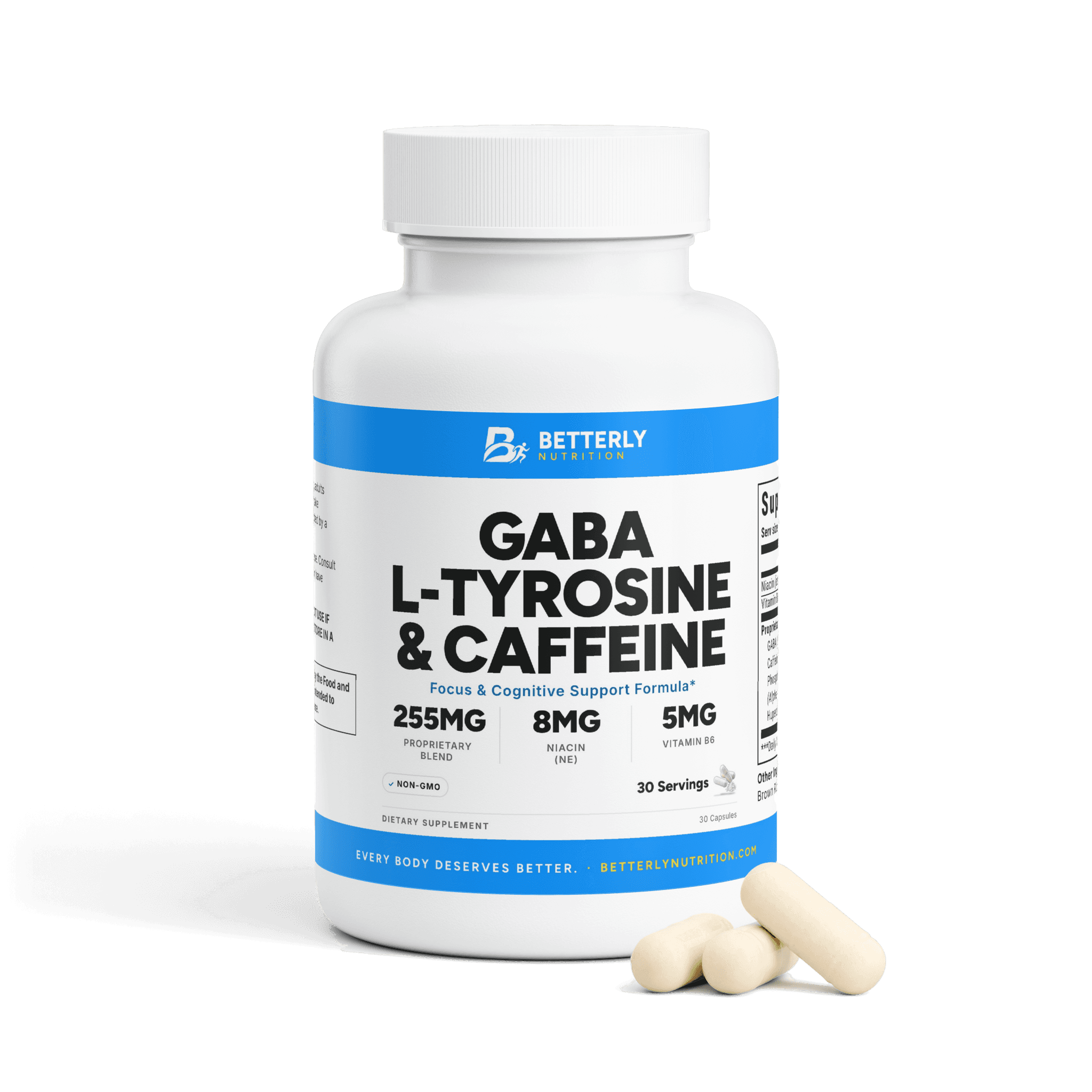GABA, L-Tyrosine & Caffeine Capsules, front label with the contents beside it