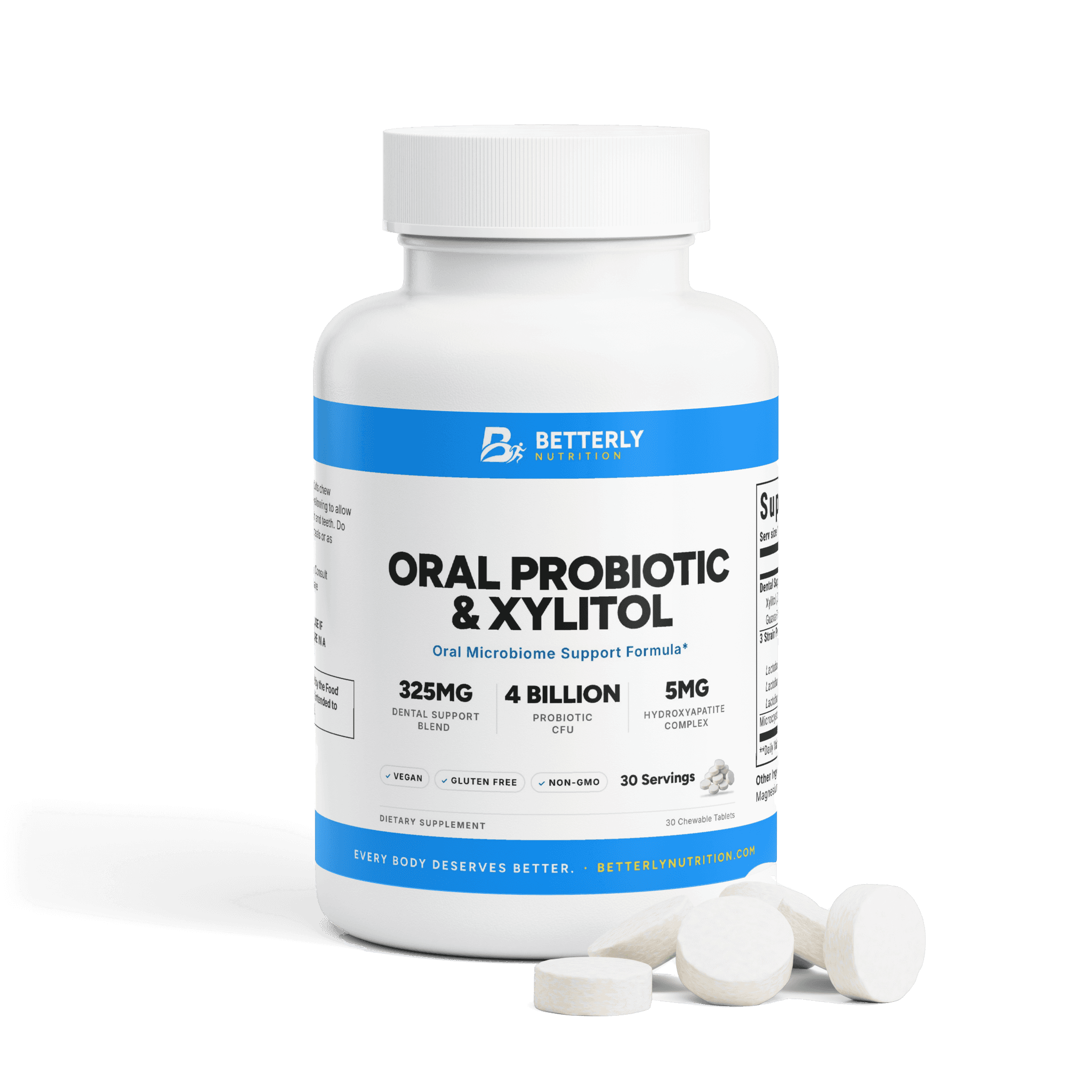 Oral Probiotic & Xylitol Chewables, front label with the contents beside it