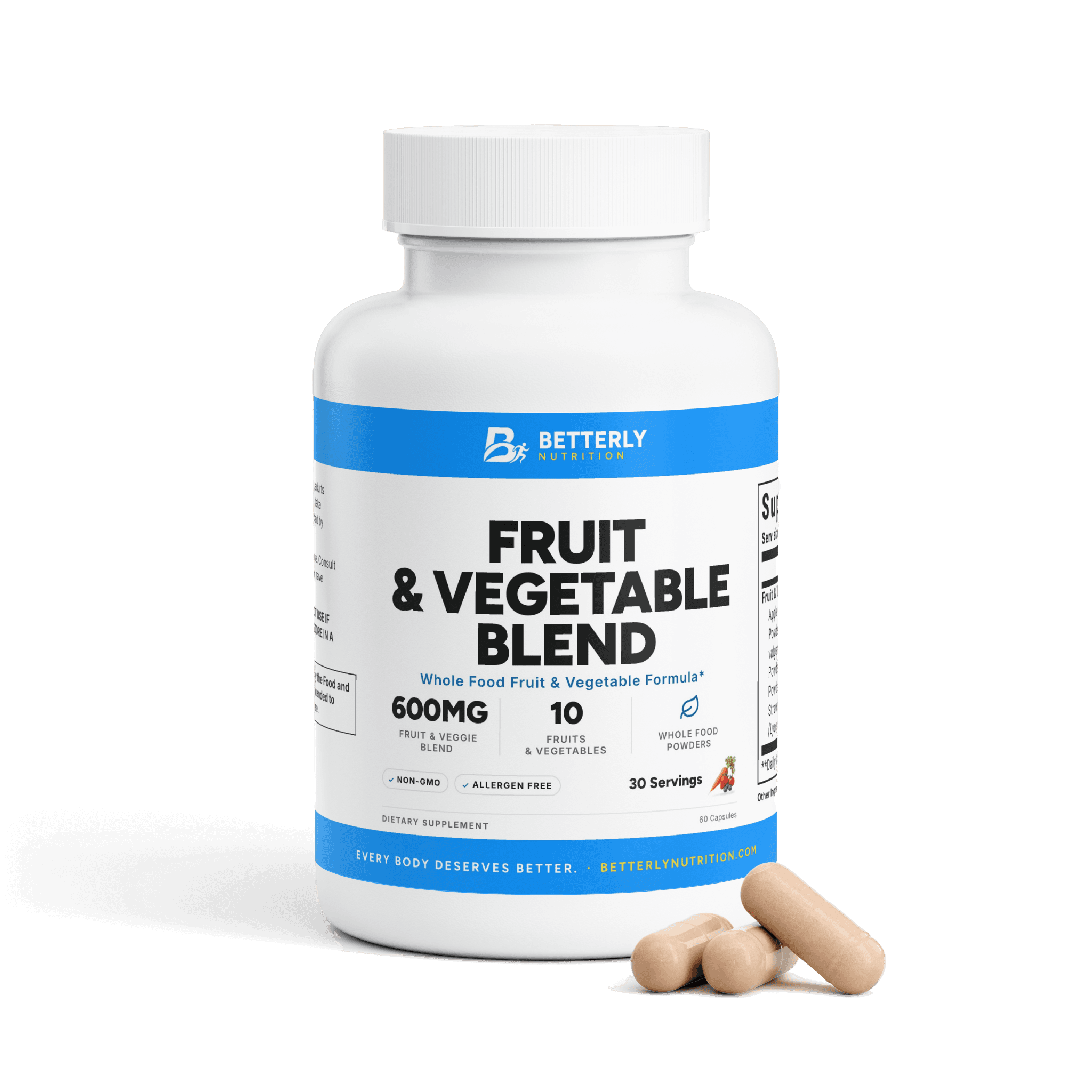 Fruit & Vegetable Blend Capsules, front label with the contents beside it