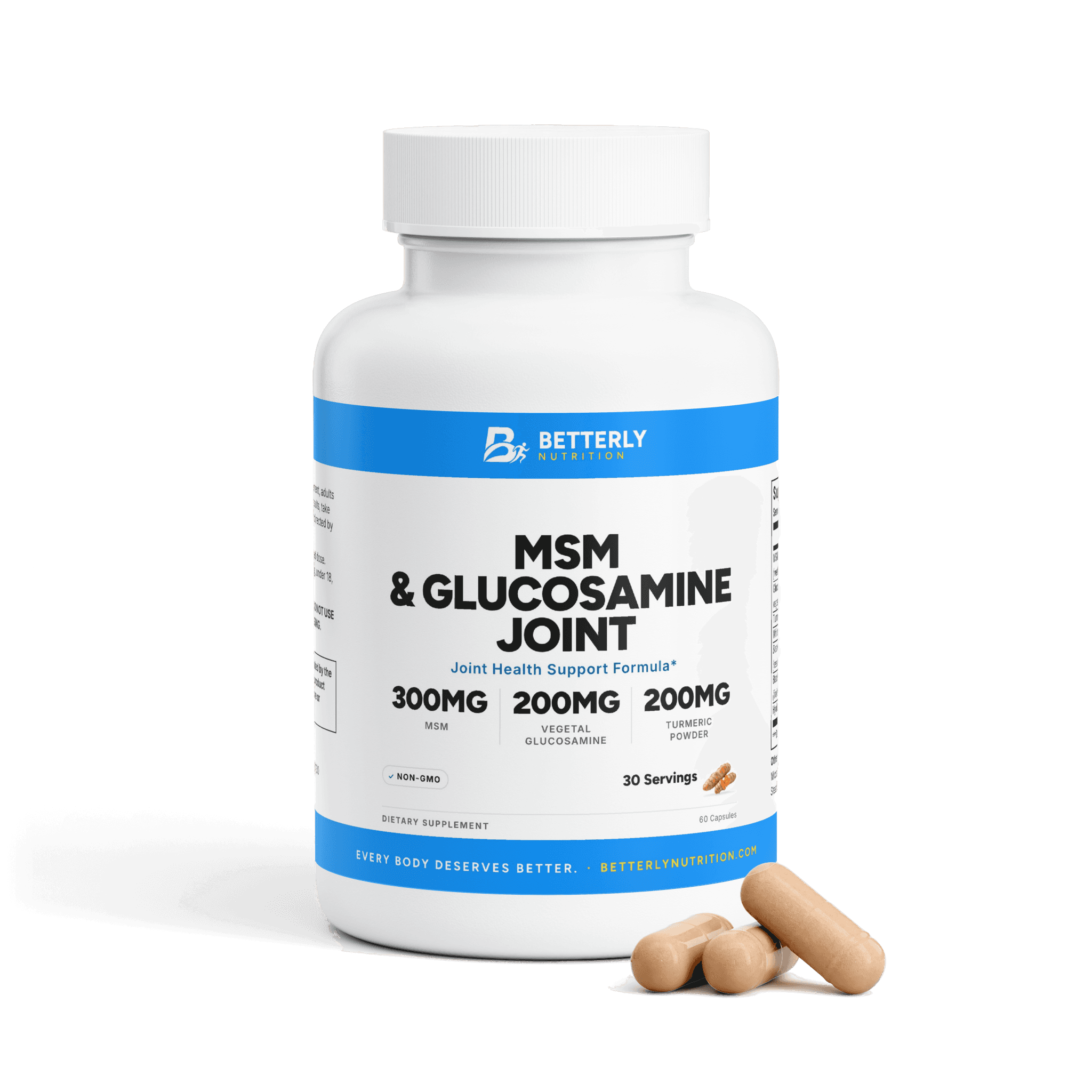 MSM & Glucosamine Joint Capsules, front label with the contents beside it
