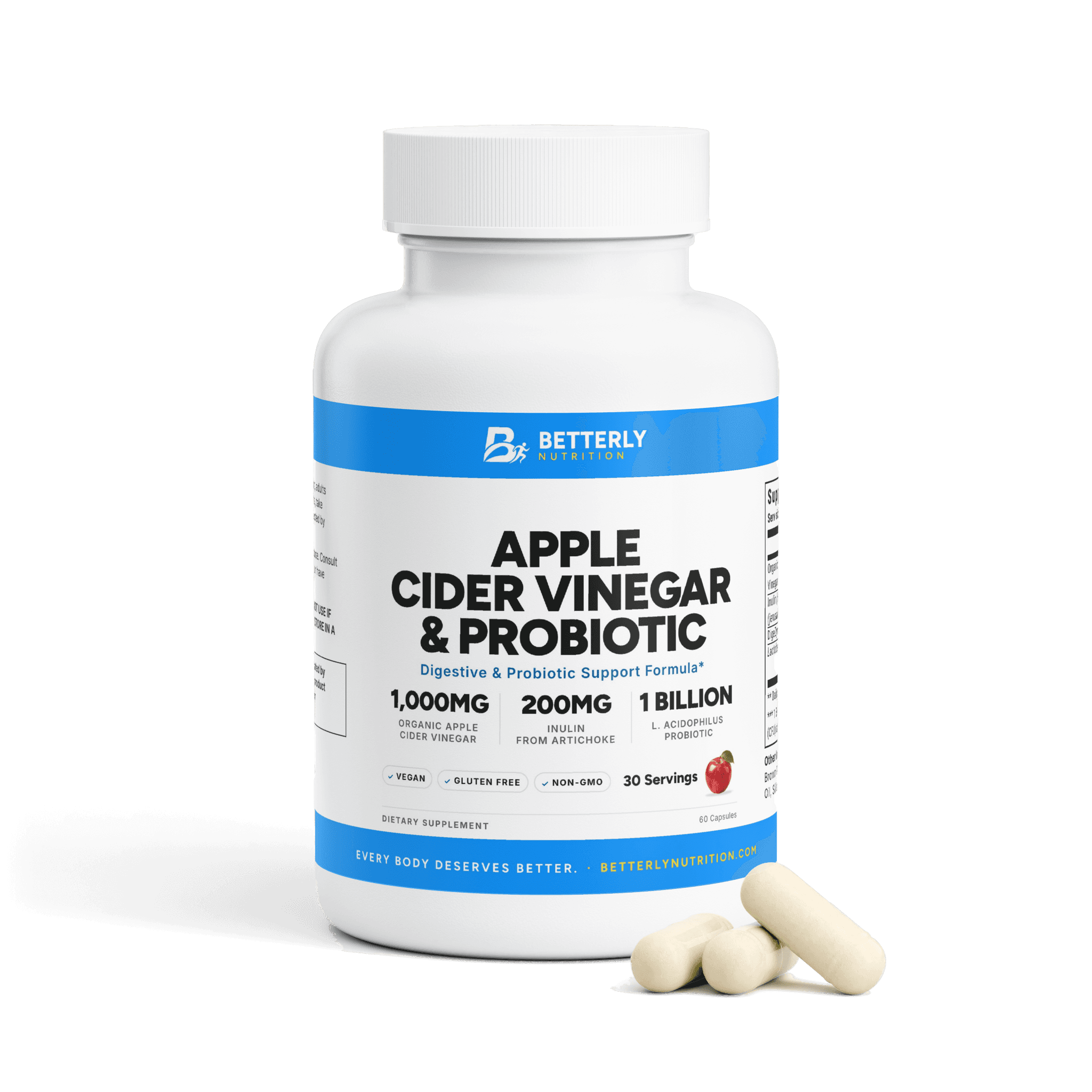 Apple Cider Vinegar & Probiotic Capsules, front label with the contents beside it