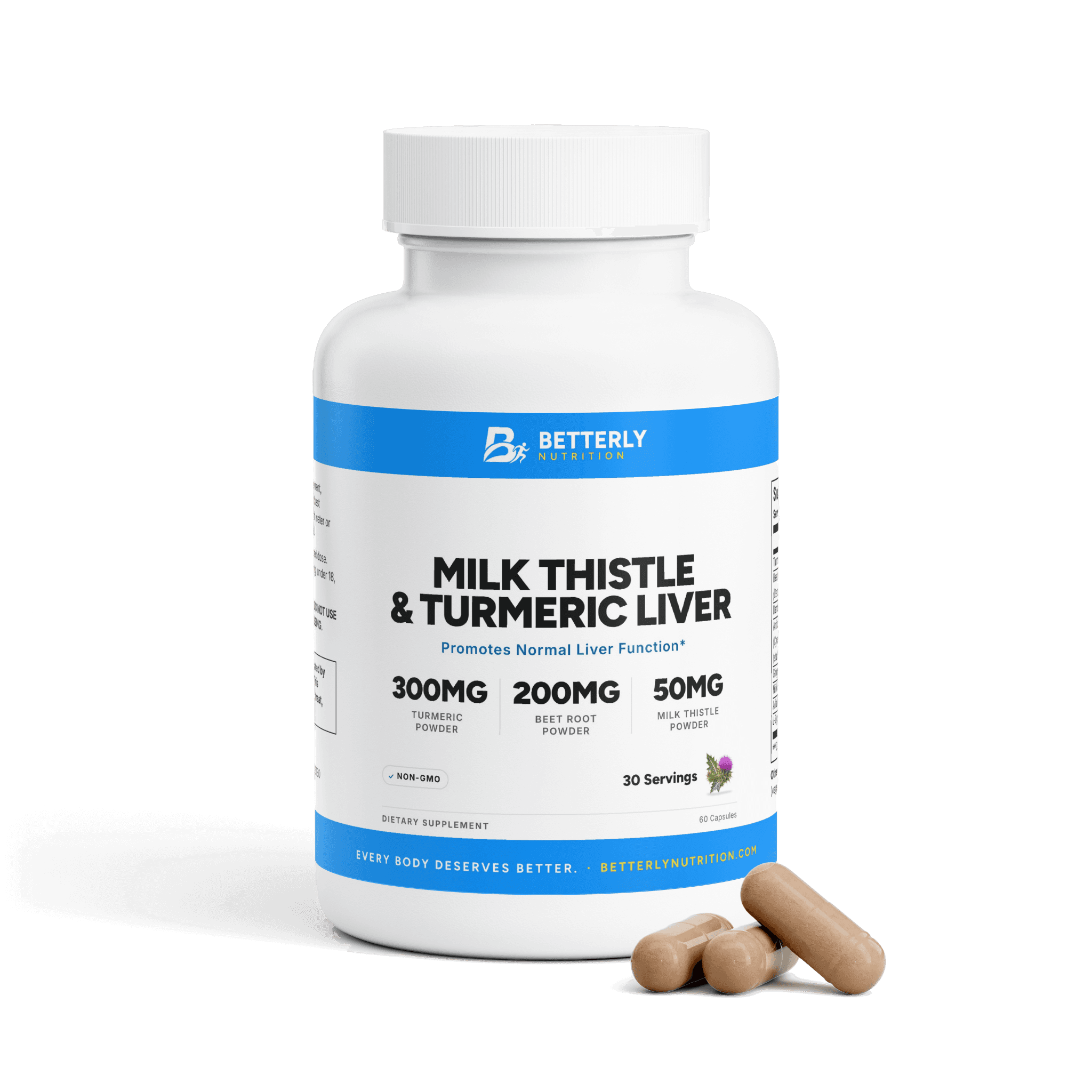 Milk Thistle & Turmeric Liver Capsules, front label with the contents beside it