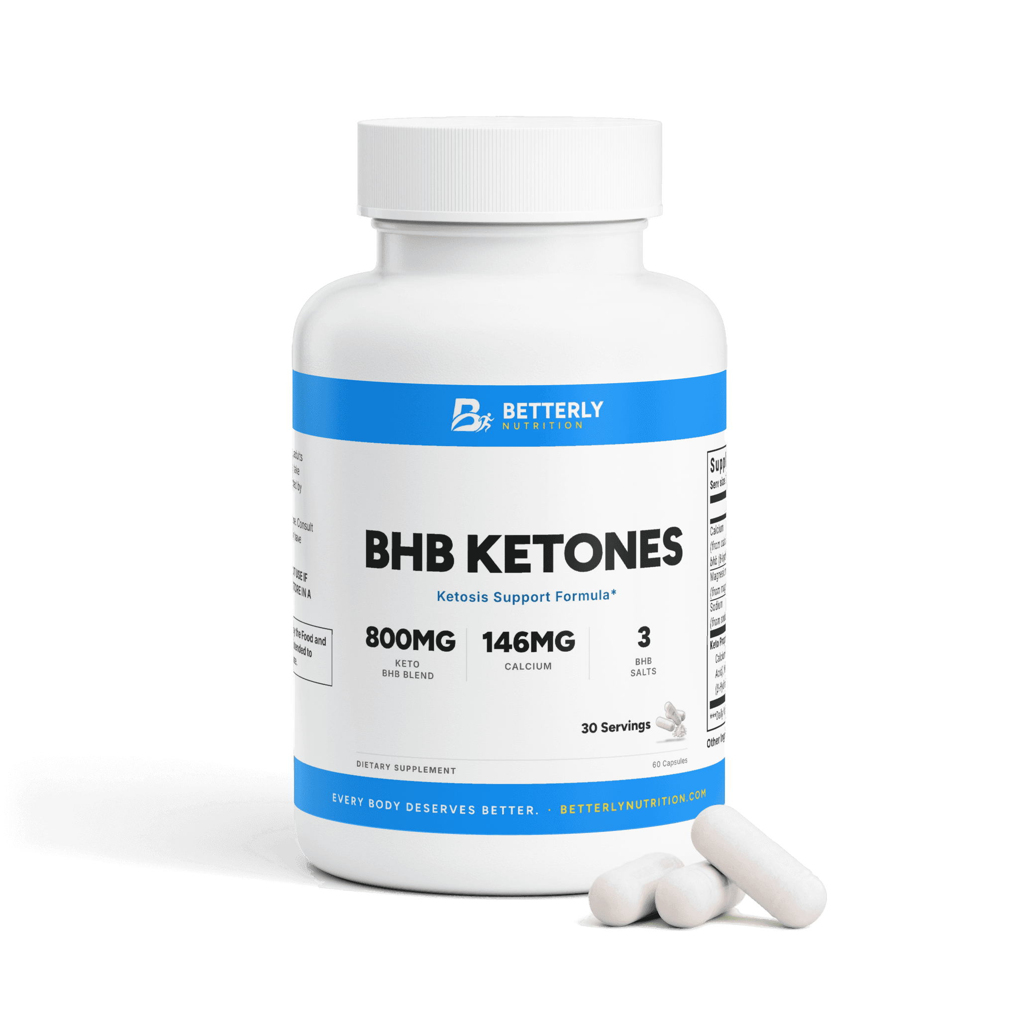 BHB Ketone Capsules, front label with the contents beside it