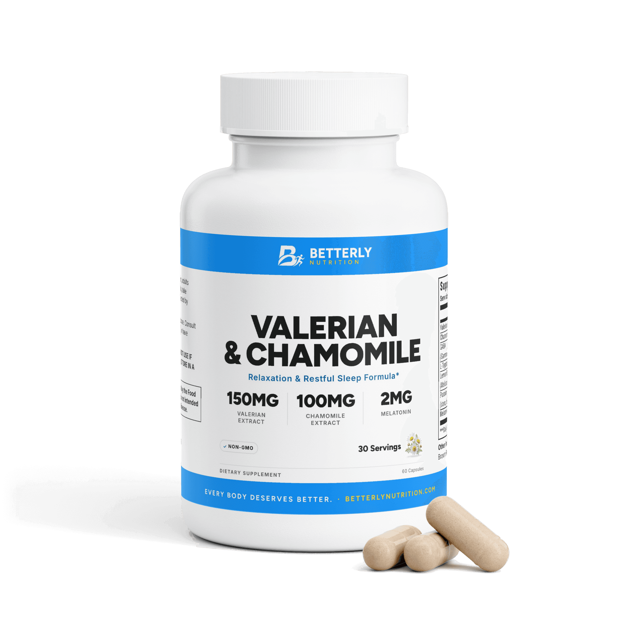 Valerian & Chamomile Sleep Capsules, front label with the contents beside it