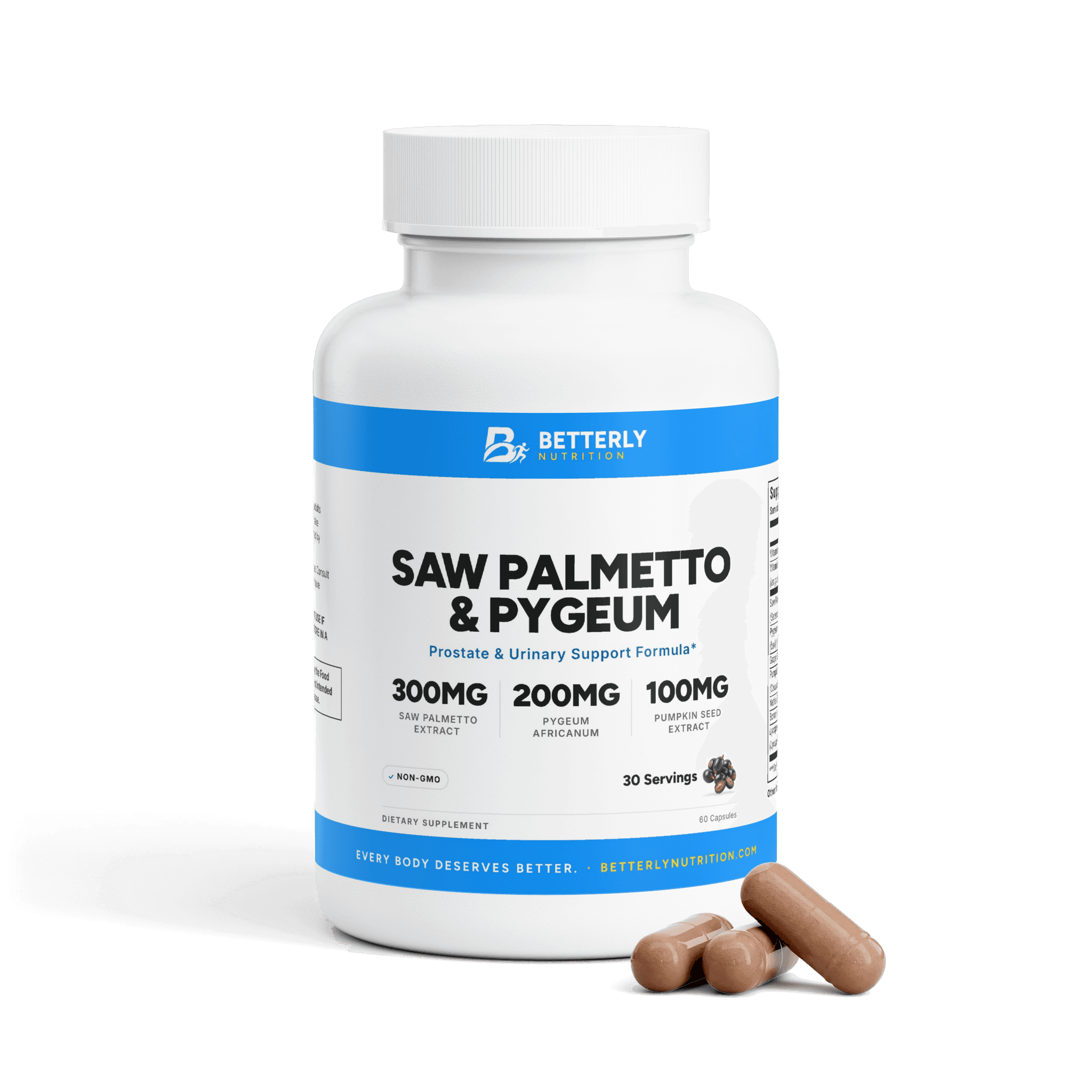 Saw Palmetto & Pygeum Prostate Capsules, front label with the contents beside it
