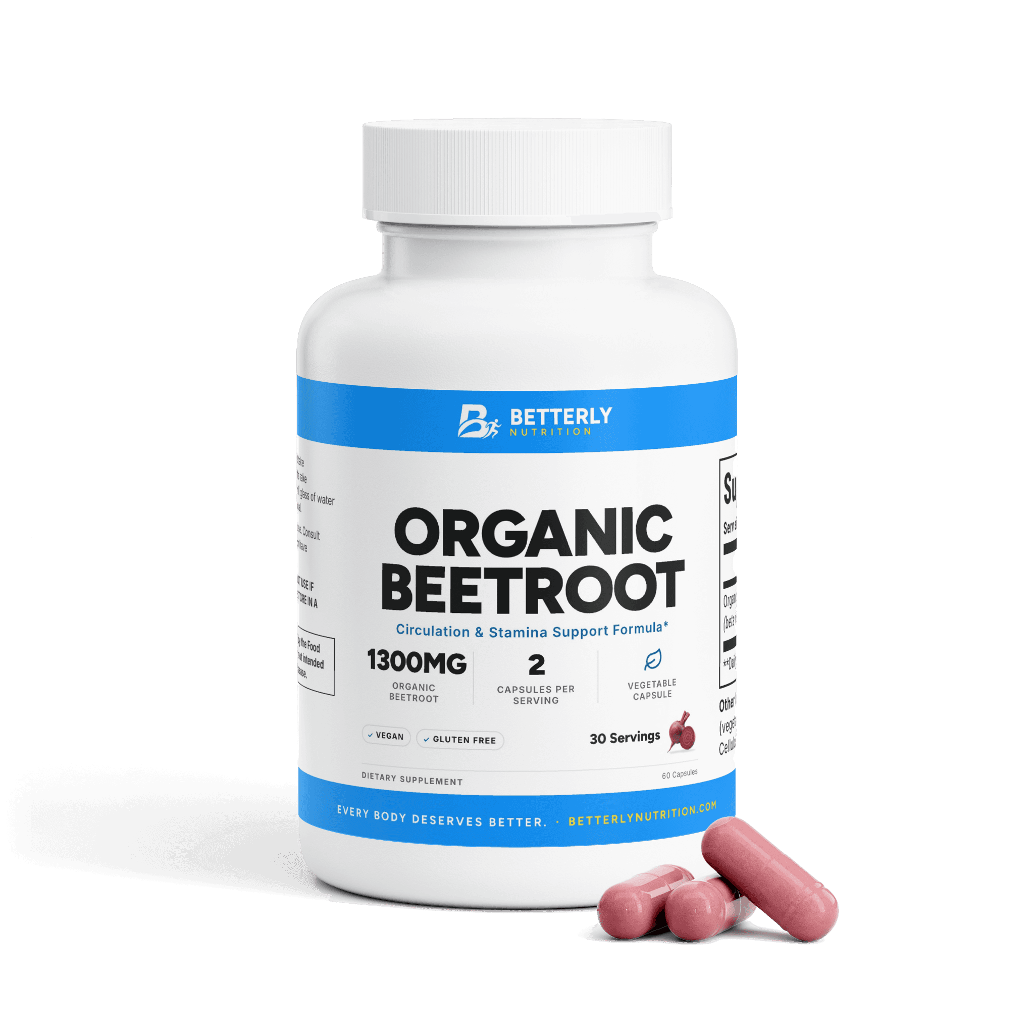 Organic Beetroot Capsules, front label with the contents beside it