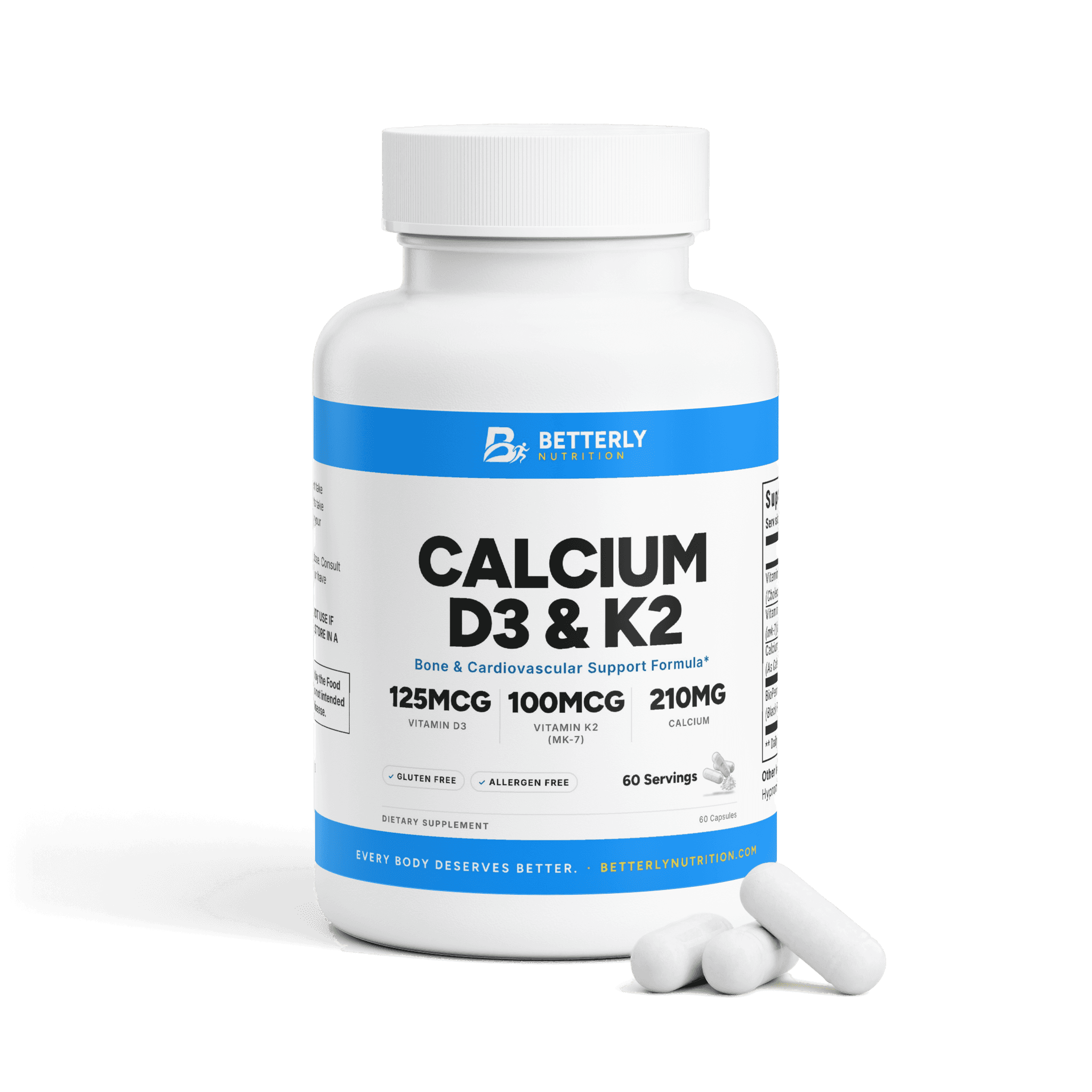 Calcium, Vitamin D3 & K2 Capsules, front label with the contents beside it