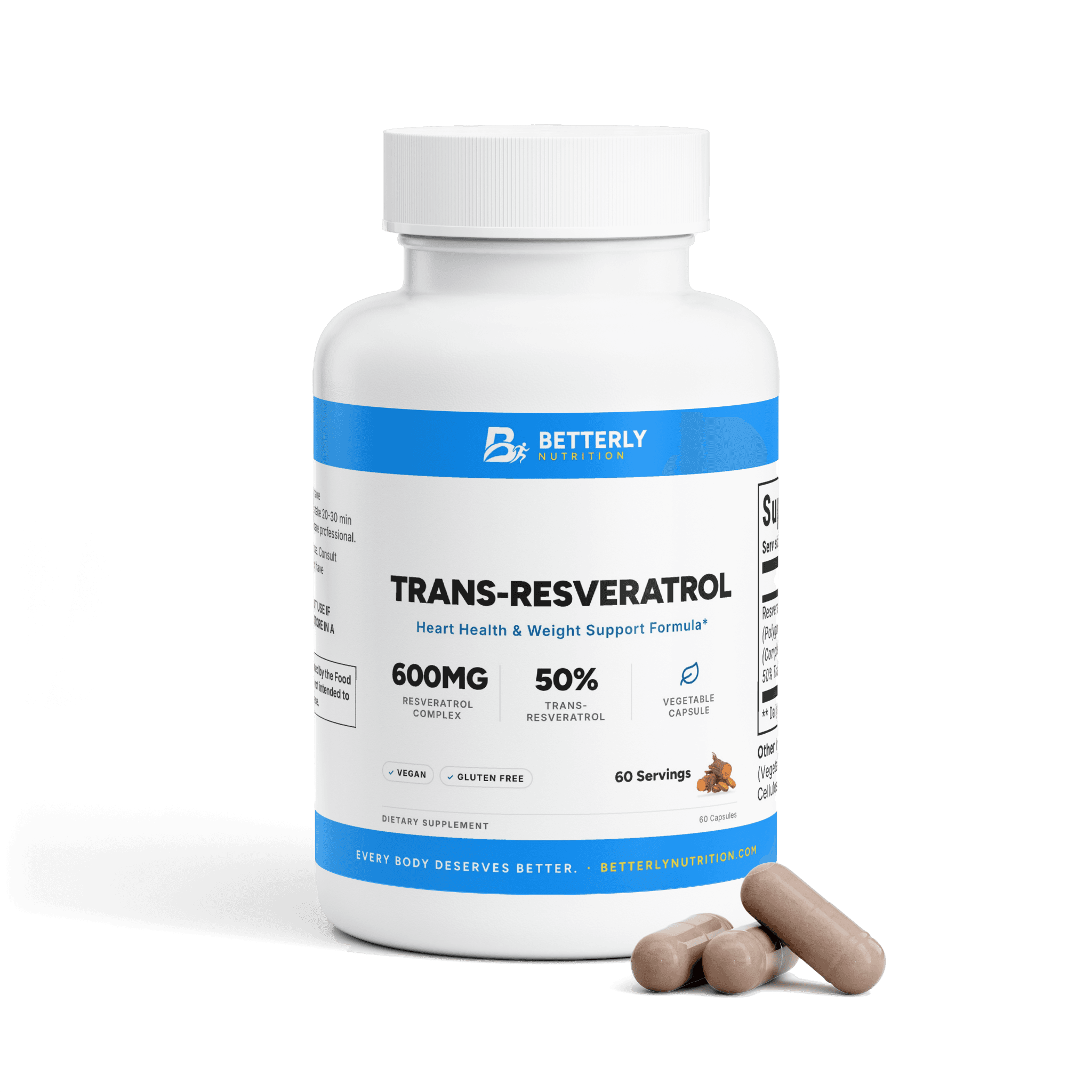 Trans-Resveratrol Capsules, front label with the contents beside it