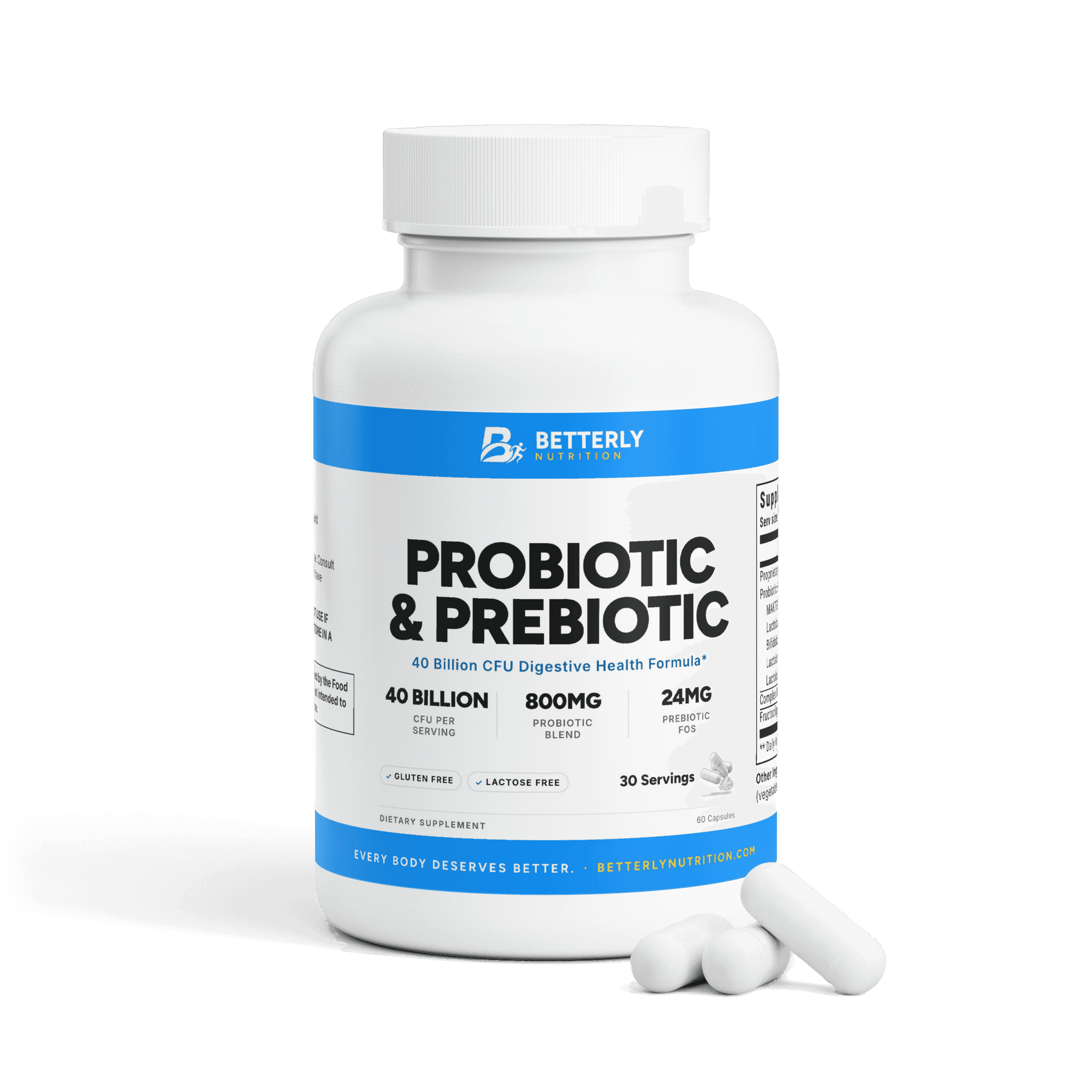 Probiotic & Prebiotic Capsules, front label with the contents beside it