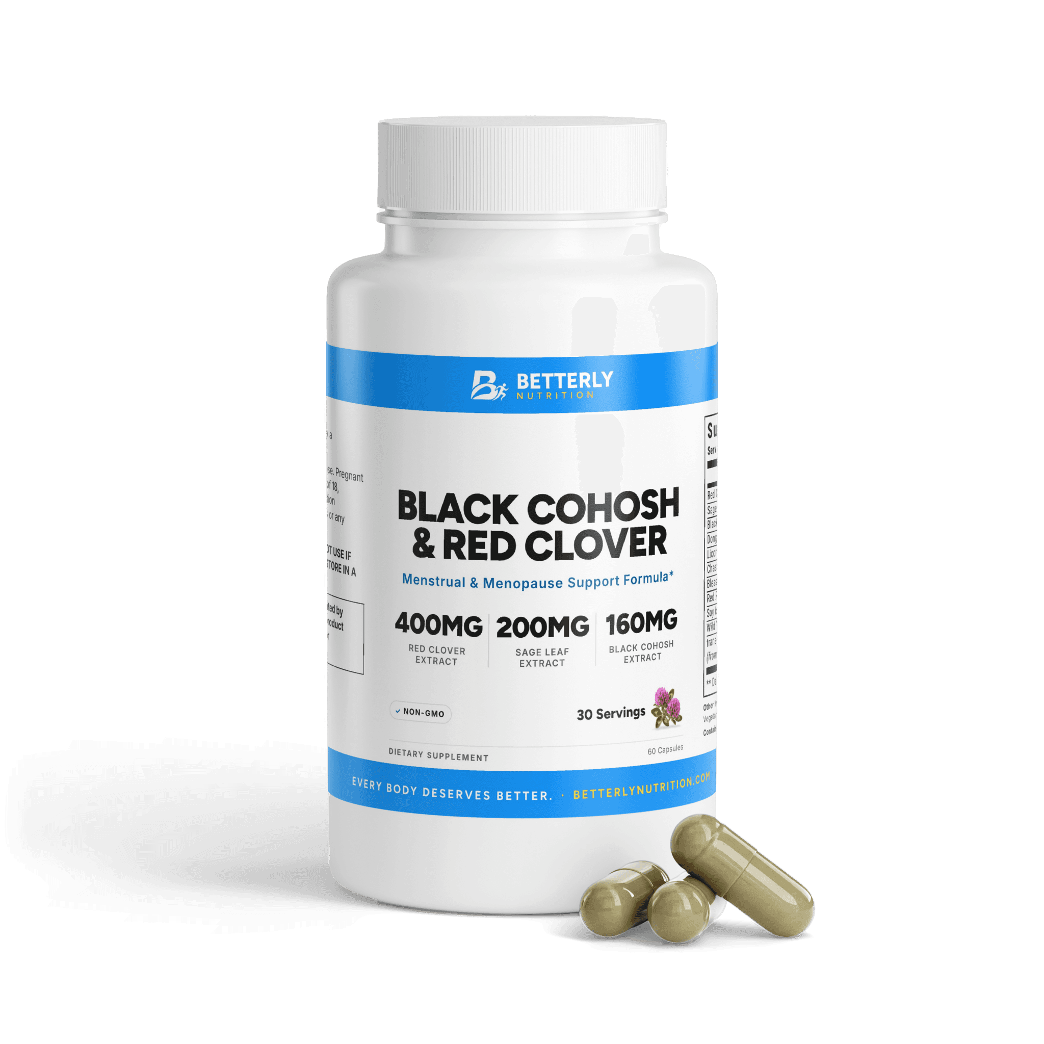Black Cohosh & Red Clover Capsules, front label with the contents beside it